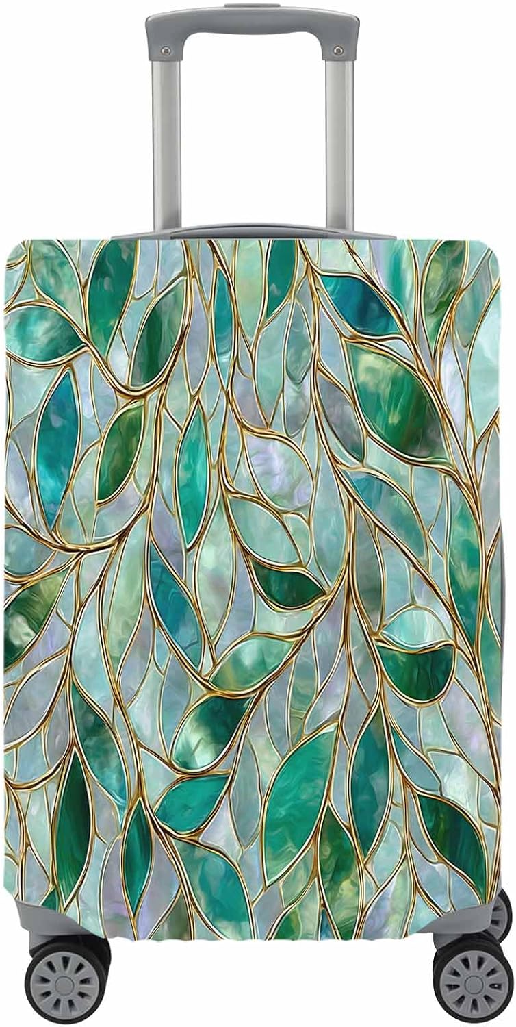 Travel Luggage Cover Green Leaves Stained Glass Suitcase Cover Elastic Anti Scratch Baggage Covers Luxury Golden Vines Luggage Covers Protector for Travel Universal Fit 29-32 Inch Carry on Luggage