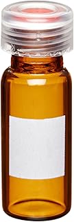 Wheaton W225153-03 Borosilicate Glass 1.8mL Writing Patch Vial with 0.005 Red PTFE/0.035 Silicone/0.005 Red PTFE Lined 9mm ABC Screw Cap, Amber/Natural (Case of 100)