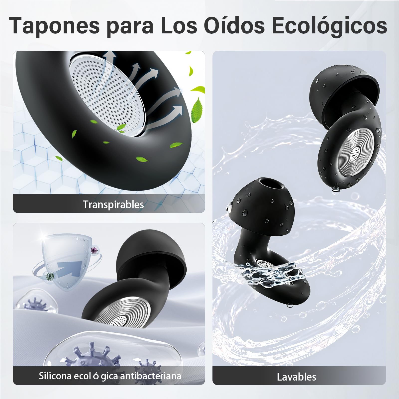 Tapones oidos ruido dormir, 2026 Nuevo 45 dB tapones oidos cancelacion de ruido Reutilizables, para estudiar, viajar, concentrarse, Protección Auditiva, con 8 Puntas(XS/S/M/L) y Estuche - Negro
