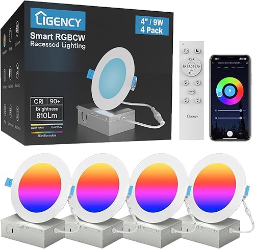 Ligency Iluminación empotrable inteligente de 4 pulgadas, 9 W, ultrafina, Wi-Fi, luz de techo RGBCW que cambia de color, compatible con Alexa y