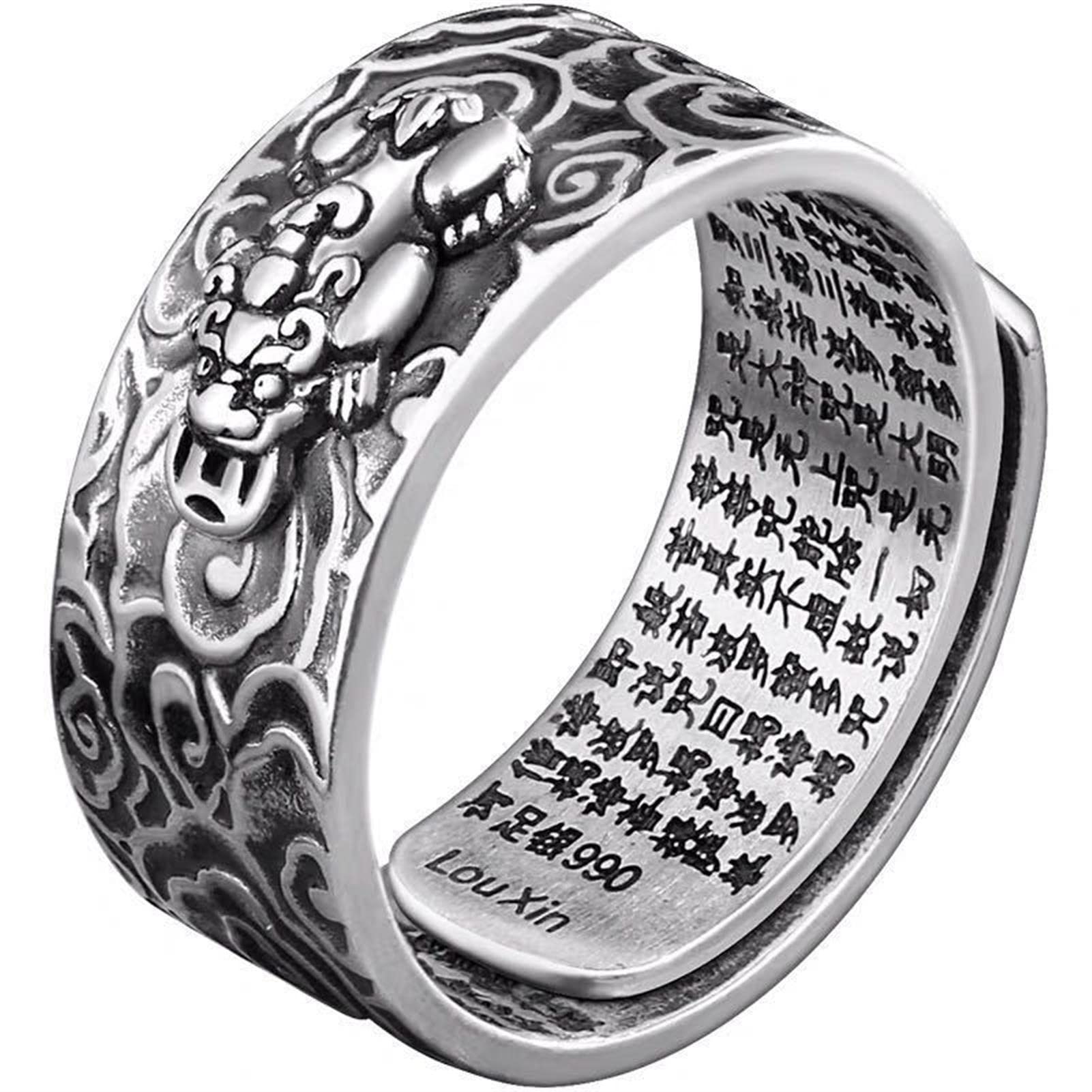 99 Srebrny Feng Shui Pixiu Mantra Pierścień Buddyjski Amulet Szczęścia Mantra Podwójna Ochrona Bogactwo Miłość Zdrowie Pierścionek Prezent dla Mężczyzn Kobiet