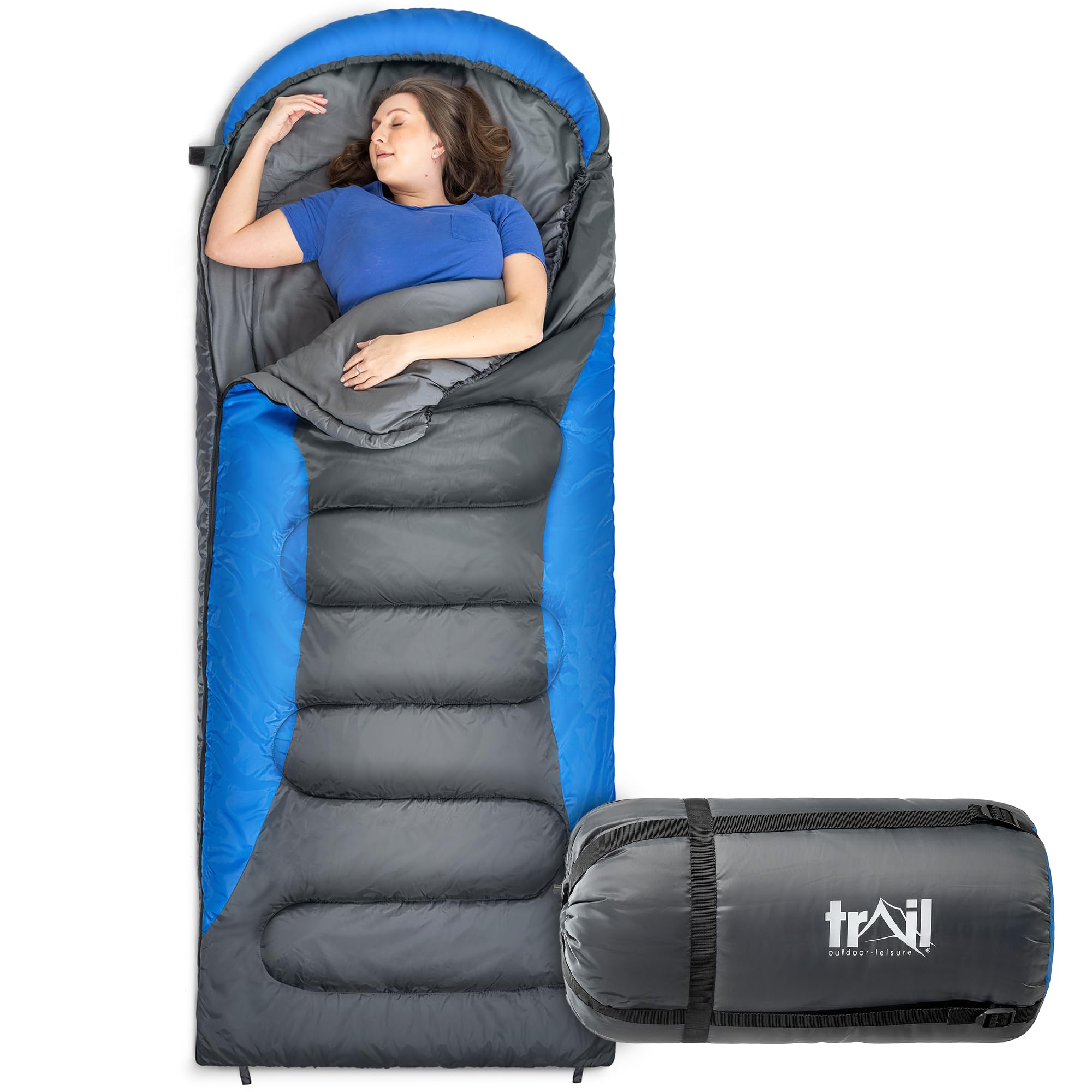 Trail Alpine 250 XL Sleeping Bag with Hood (L230cm x W100cm), Large Extra Wide Envelope Sleeping Bag, 2 to 3 Season Camping, Lightweight, Water Resistant, Soft Polycotton Liner, Compression Bag (Blue)