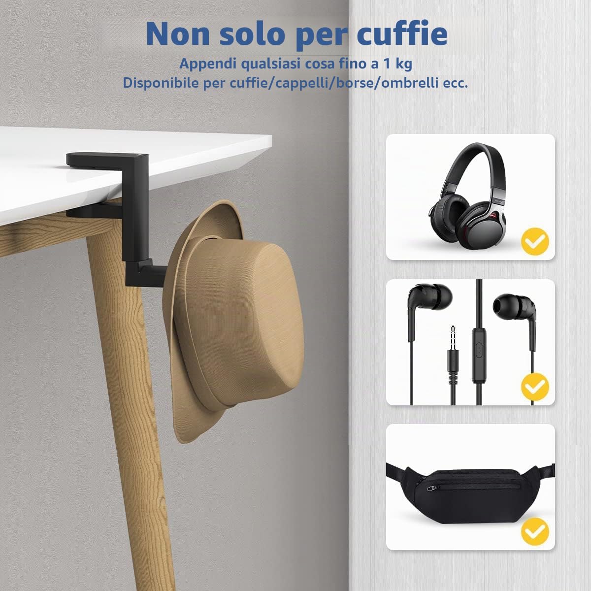 KIWIFOTOS Supporto per cuffie con gancio girevole a 360° + clip per cavo, supporto per cuffie da gioco sotto la scrivania per Sony, Beats, Sennheiser, HyperX