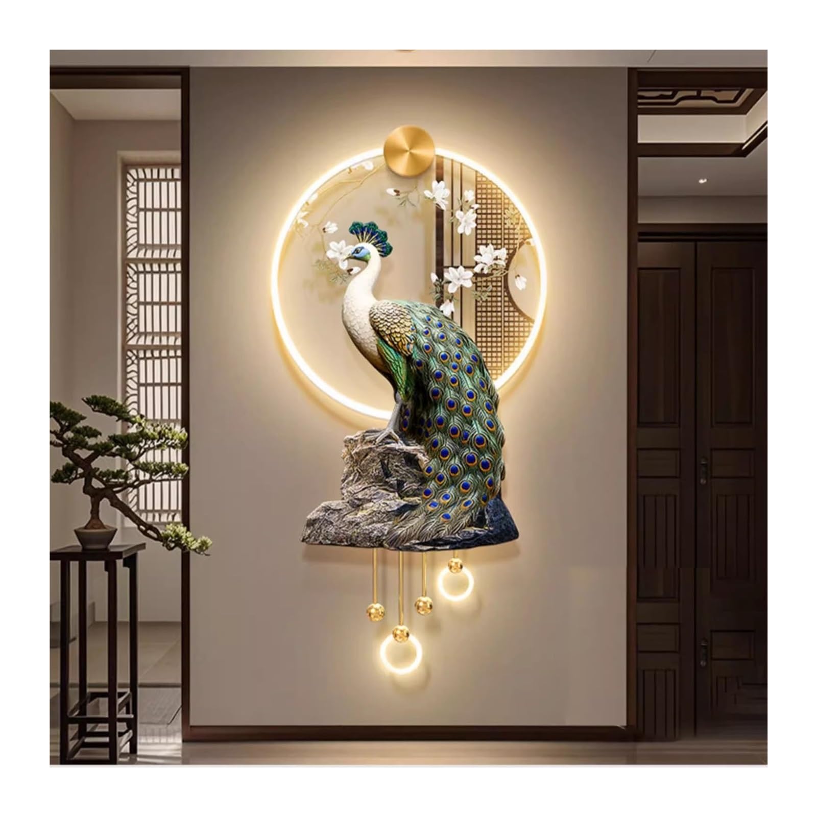 AZQOHMIS 3D Peacock Wall Sculpture with LED Light, Elegant Metal Wall Art for Living Room and Office Decoration