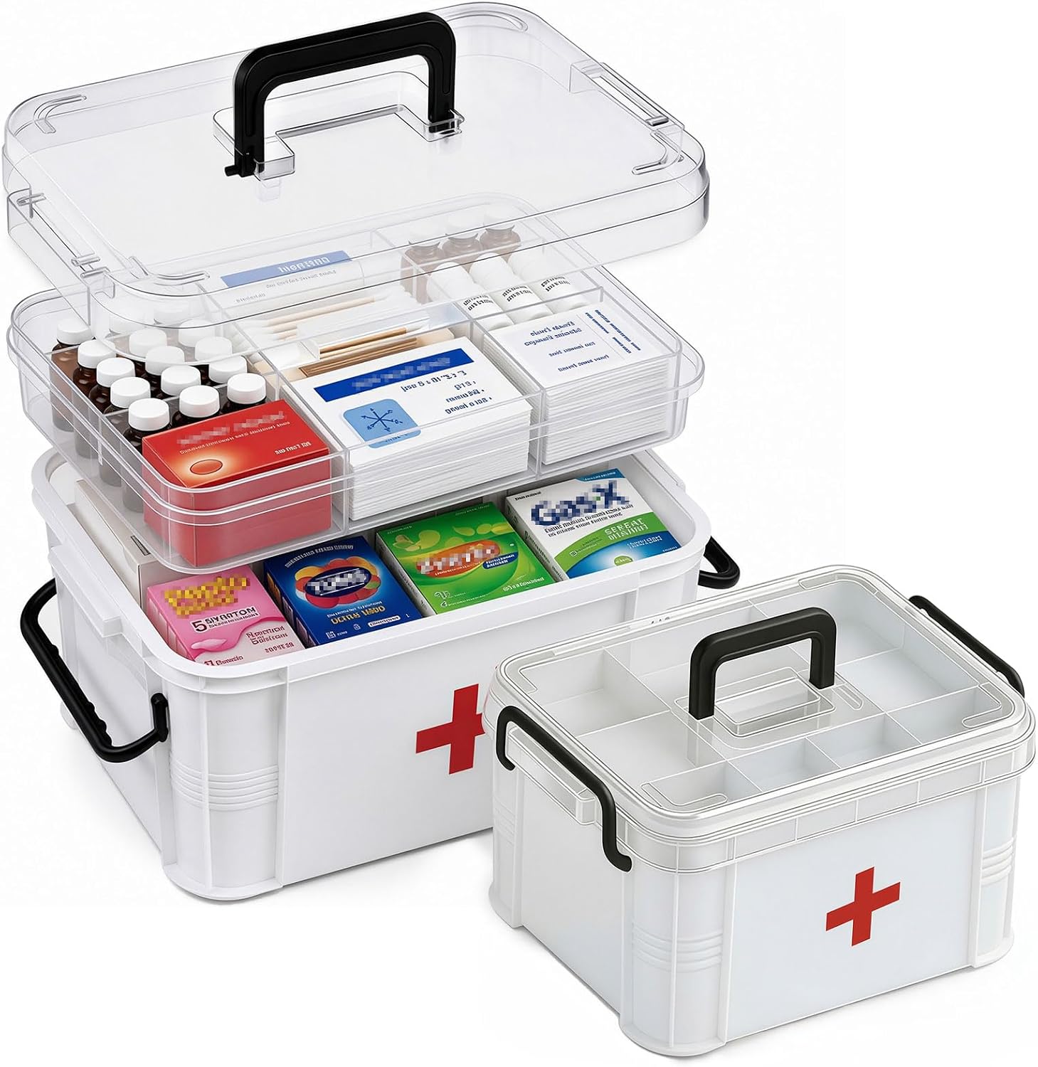 Gifhomfix 2 Pack 15QT Clear Medicine Organizer Box with Handle, Medicine Box for College Dorm Student, Plastic First Aid Organizer, Thickened Medical Boxes, Multipurpose Med Boxes for Home, White