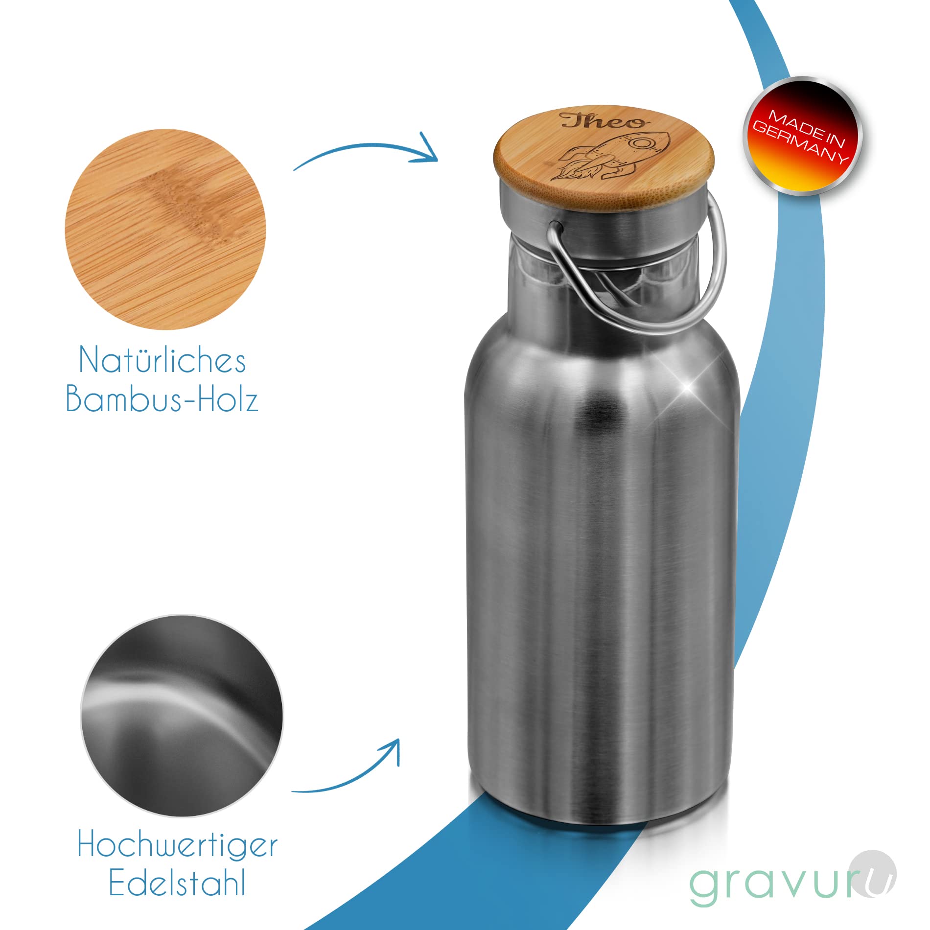 CHRISCK design Personalisierte Brotdose und Trinkflasche Set Kinder - mit Namen & Motiven personalisiert – nachhaltige Brotbüchse & Flasche aus Edelstahl mit Holzdeckel – für Kindergarten Kita Schule