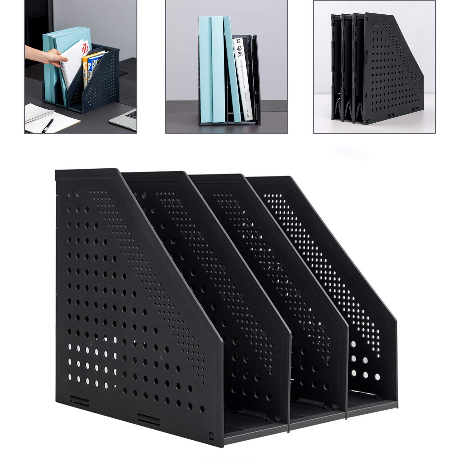 deli Collapsible Magazine File Holder/Desk Organizer for Office Organization and Storage with 3 Vertical Compartments 3 Compartments Black
