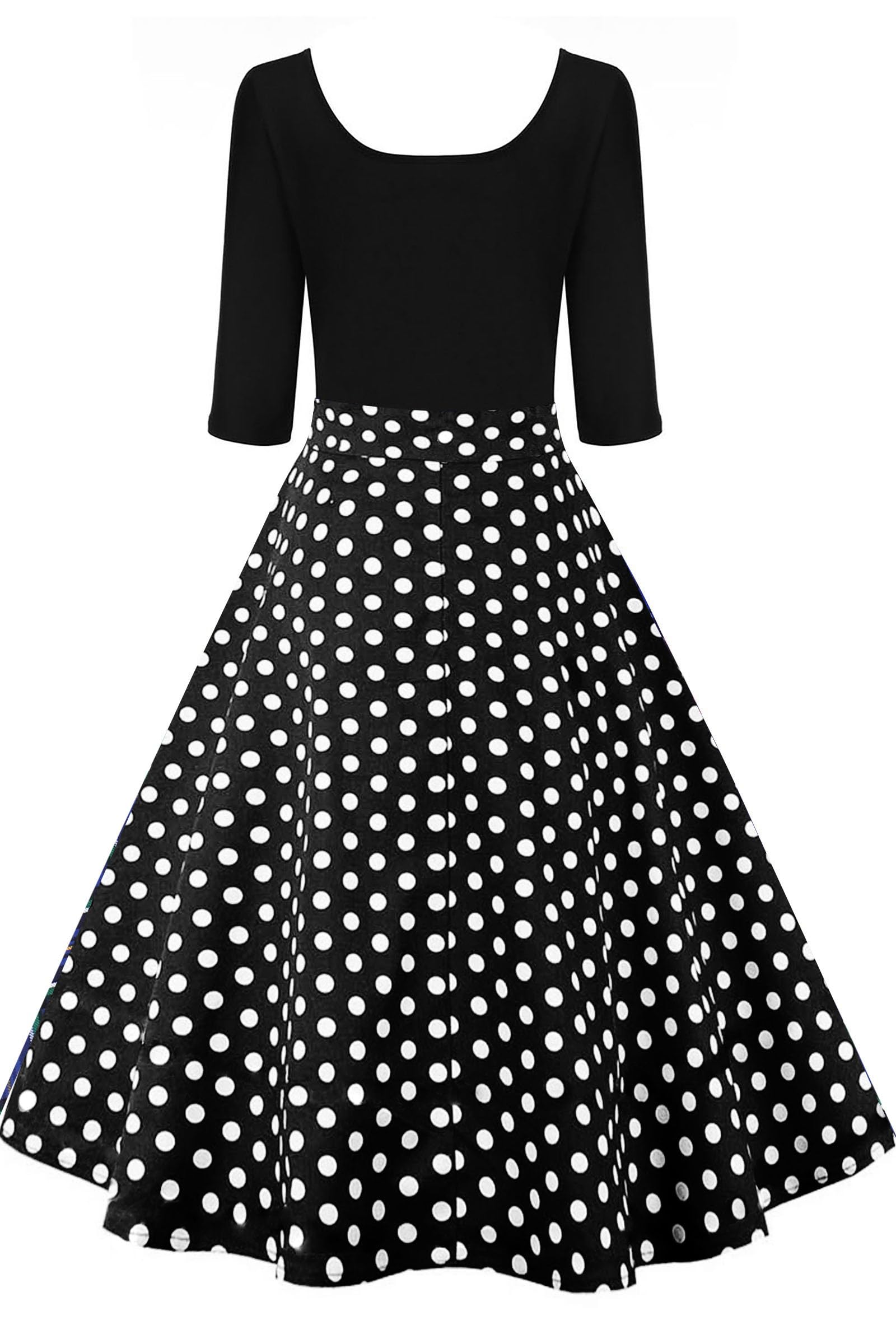 AXOE Robe Vintage Femme Années 50 Rockabilly Manches 3/4 | Haut Noir Extensible avec Jupe Imprimée en Coton, Taille Empire, pour Garden-party, Événement Rétro, Dîner, Mariage Invitée