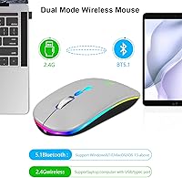 Vista 4 de HOTLIFE Mouse LED inalámbrico, mouse Bluetooth delgado recargable, mouses de computadora inalámbricos USB portátiles de 2.4G con receptor USB y Gris