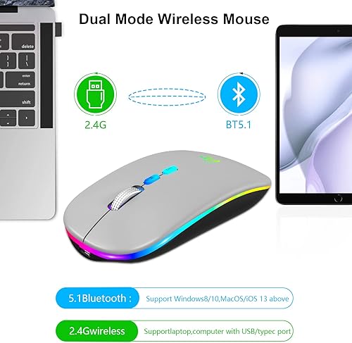 Miniatura 4 de HOTLIFE Mouse LED inalámbrico, mouse Bluetooth delgado recargable, mouses de computadora inalámbricos USB portátiles de 2.4G con receptor USB y Gris