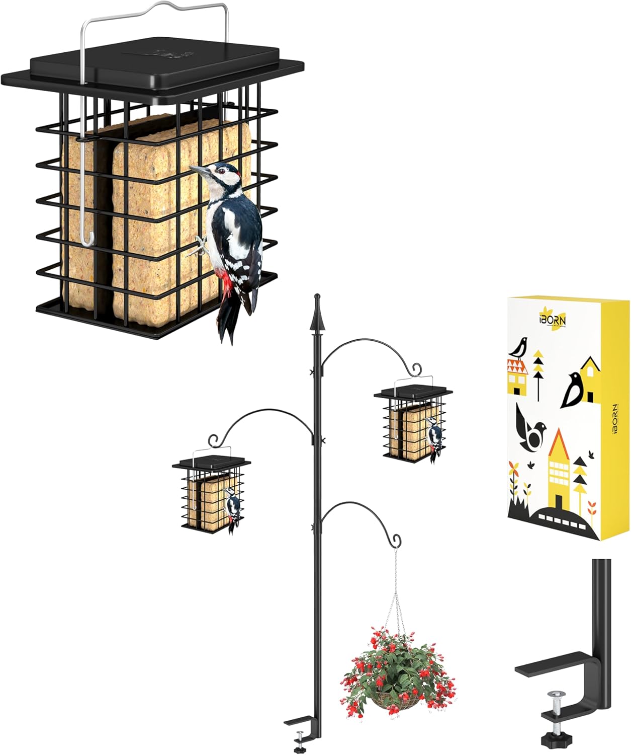 iBorn Shepherds Hooks for Outdoor Clamp On Deck Hook for Bird Feeder 45 Inch Bird Feeder Hangers for Deck Railing (Feeders are Not Included) + Suet Feeder Suet Bird Feeders [Double Capacity]