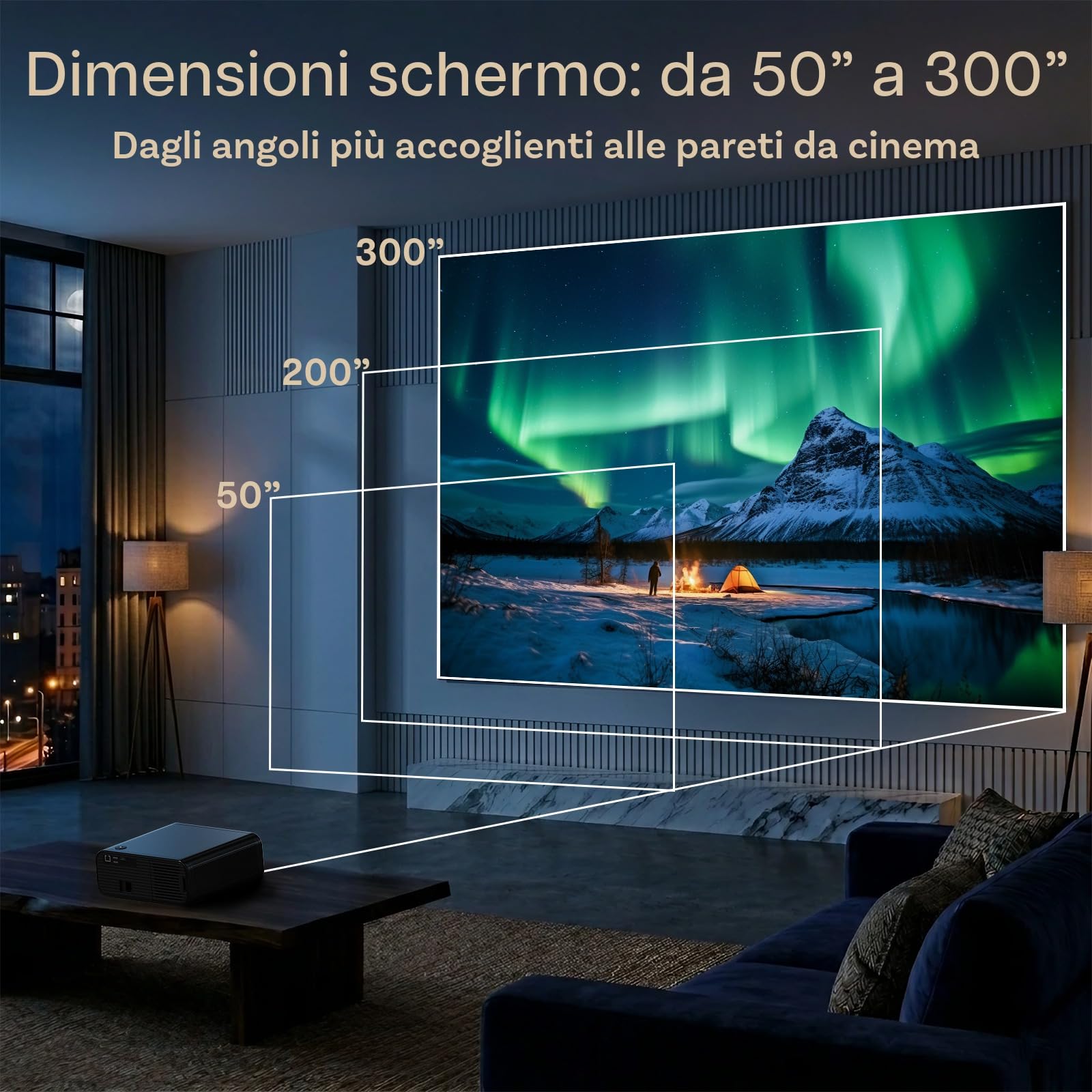 Proiettore 1080P Nativo WiFi & Bluetooth con Schermo 100 Pollici e Supporto – 4K Supporto, 900 ANSI, Correzione Keystone Automatica – Per HDMI, USB, iOS & Android – 50–300 Pollici – Di MMOBIEL
