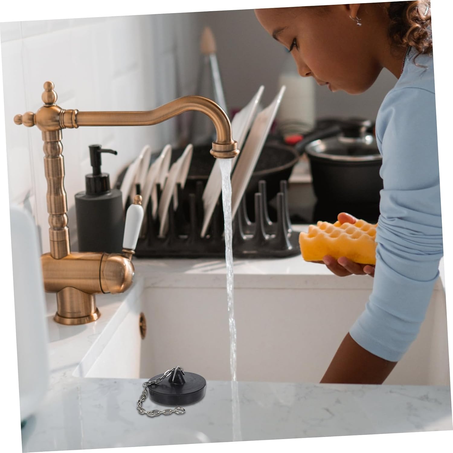 Universal Bath Tub Drain Stoppers Set with Efficient Sealing, Black PVC and Stainless Steel Material, Includes 3 Pieces with 10cm and 40cm Chains, for Bathroom and Toilet Use