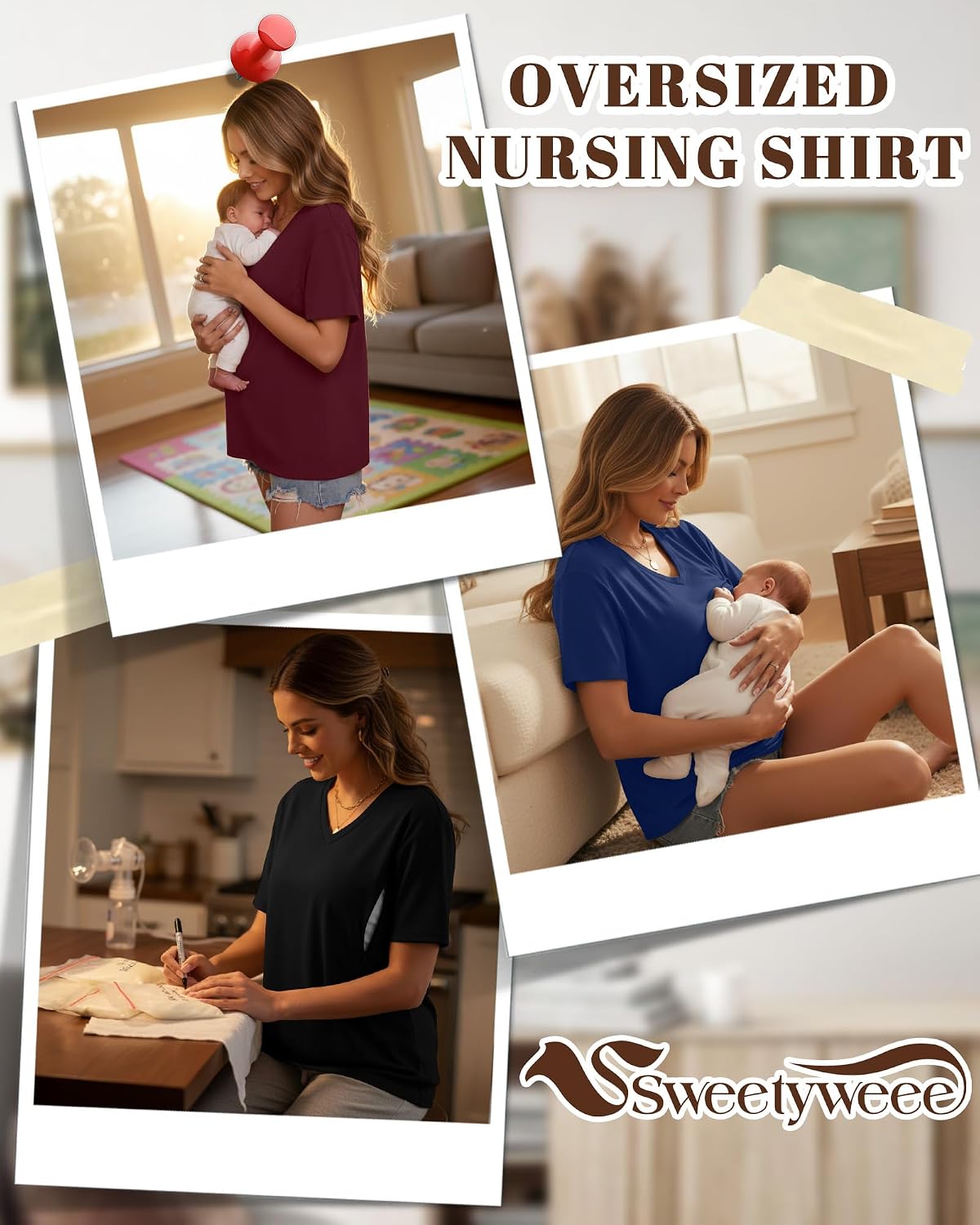 3 Pack Women's Oversize Nursing Shirts for Breastfeeding with Hidden Zippers Loose Fit Short Sleeve Maternity Tops
