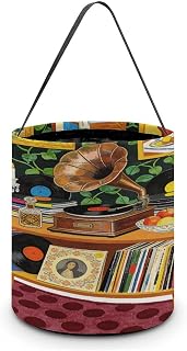 Music Art Illustration Large Capacity Candy Bags, Halloween Basket | Trick Or Treat Candy Bucket Bag with Handles, Reusable Personalized Snack Storage Basket for Holiday Party Favor Decor