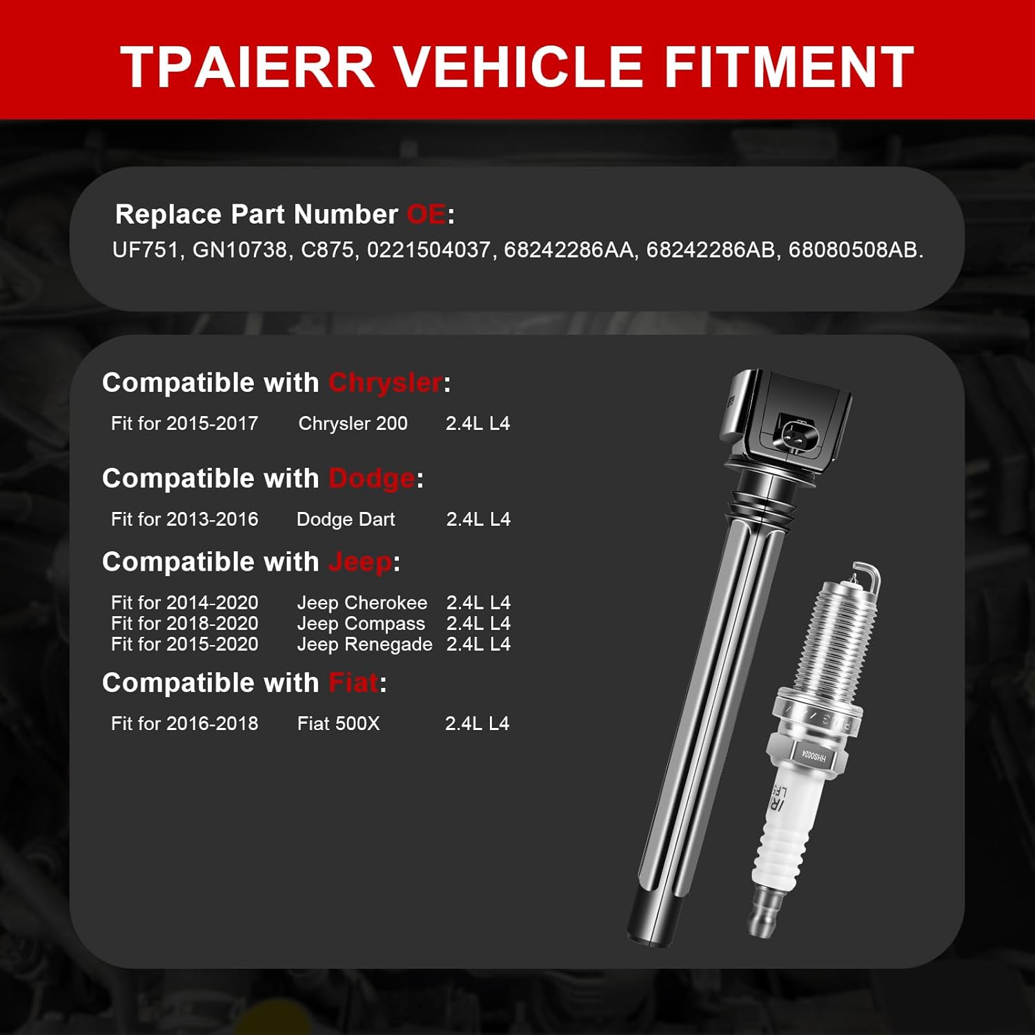 UF751 & 4469 Ignition Coil Pack and Iridium Spark Plugs Set of 4 OEM Automotive Compatible with Chrysler 200/Dodge Dart/Jeep Cherokee Renegade/Fiat 500X 2.4L L4 68242286AA UF754 GN10738