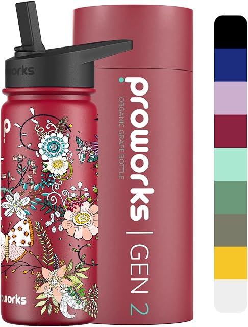 Proworks Gen 2 Insulated Water Bottles with Straw Lid | 540ml Stainless Steel Water Bottle, 24 Hours Cold & 12 Hours Hot Drinks, Metal Leakproof Flask for Gym, Travel - Organic Grape Butterfly Beauty