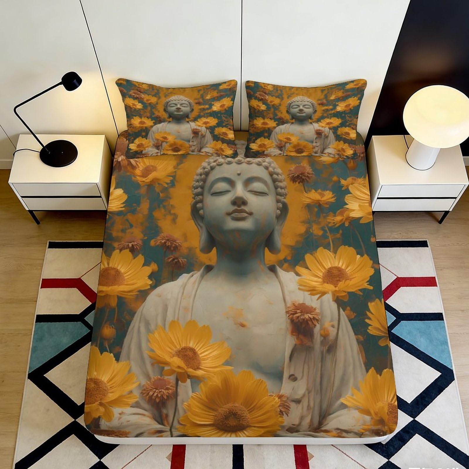 3D Printed Sunflower Buddha Fitted Sheet Microfiber Non-Slip Deep Pocket Sunflower Buddha Mattress Fitted Cover Elastic Hem for Bedroom Use 140x200x25cm