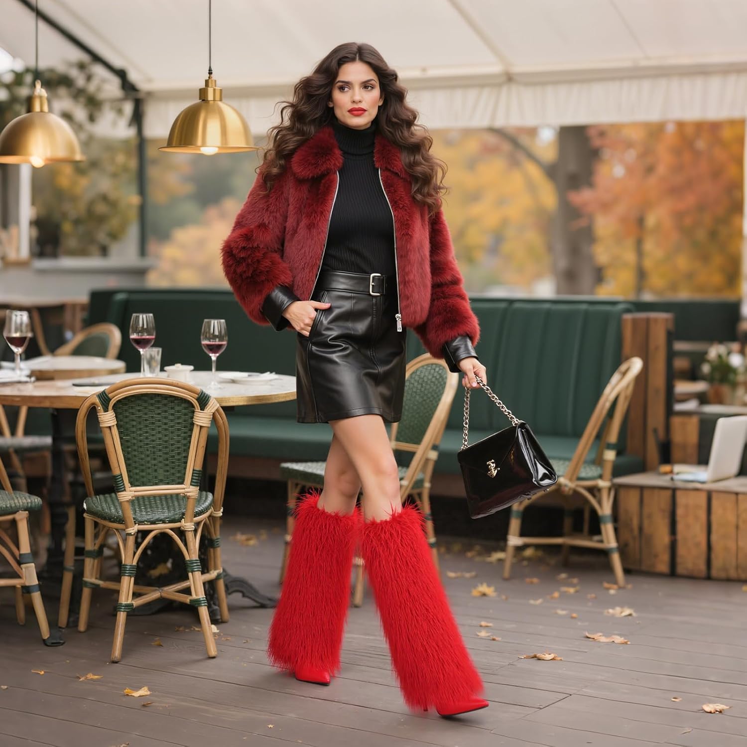 Womens Furry Boots Knee High Fold Over Tall Boot Wide Calf Pointed Toe Stiletto High Heel Fall Winter Boots for Women - Image 5