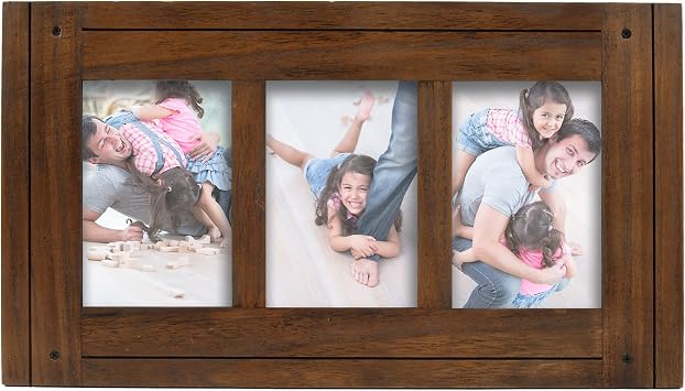 Prinz Homestead Dark Walnut 3-Opening Collage Picture Frame 4x6 Photos - Distressed Wood Two-Way Easel Wall Tabletop Display