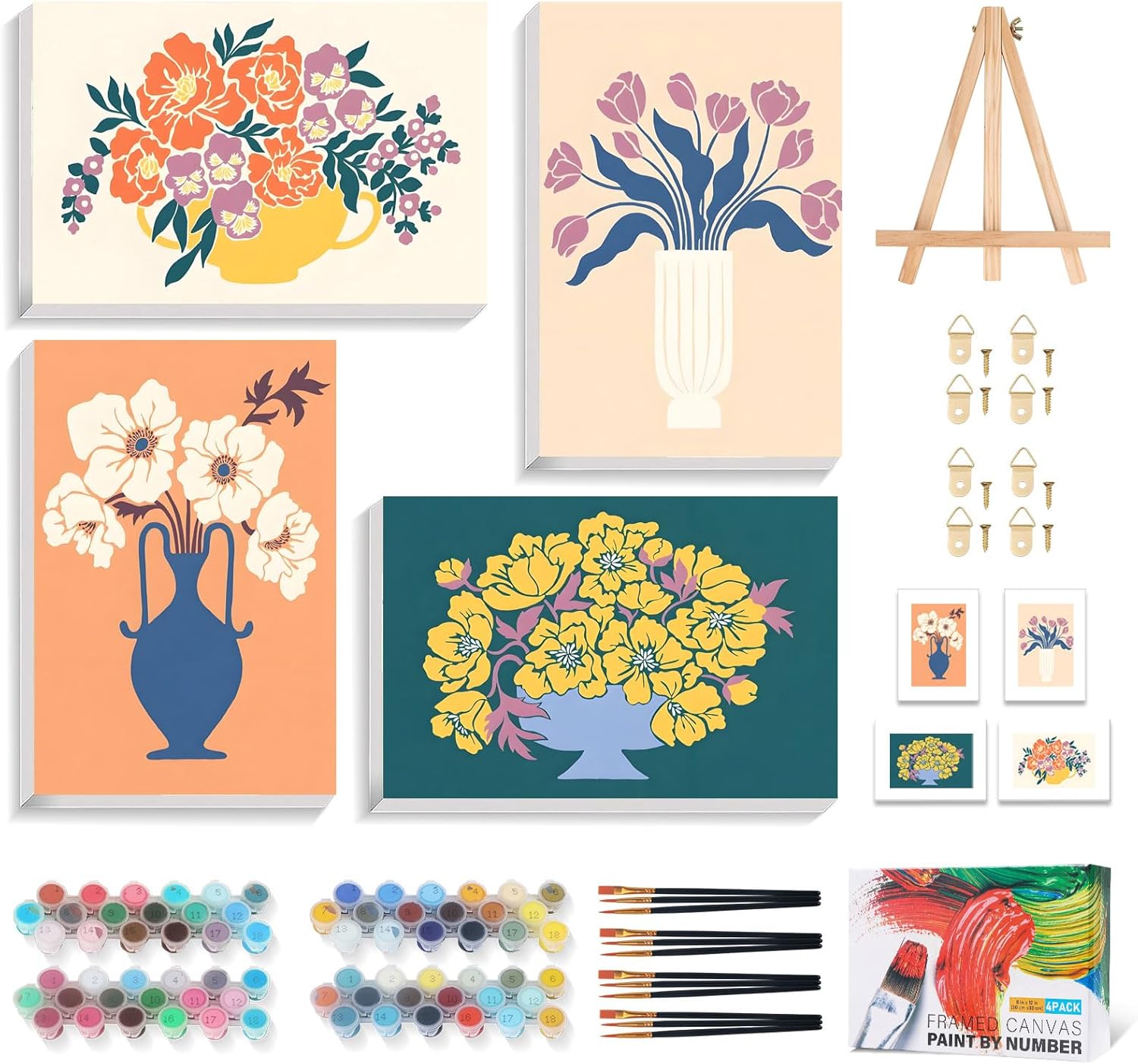 4 Pack Paint by Numbers Kit for Adults with Frame Flowers, Framed Paint by Number for Adults Beginner with Wooden Easel, Floral Vase DIY Painting by Numbers Canvas Framed for Home Decor 8 x 12 Inch