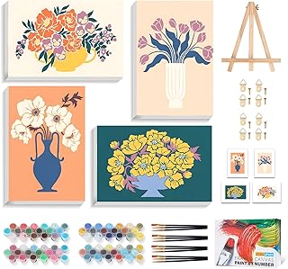 4 Pack Paint by Numbers Kit for Adults with Frame Flowers, Framed Paint by Number for Adults Beginner with Wooden Easel, Floral Vase DIY Painting by Numbers Canvas Framed for Home Decor 8 x 12 Inch