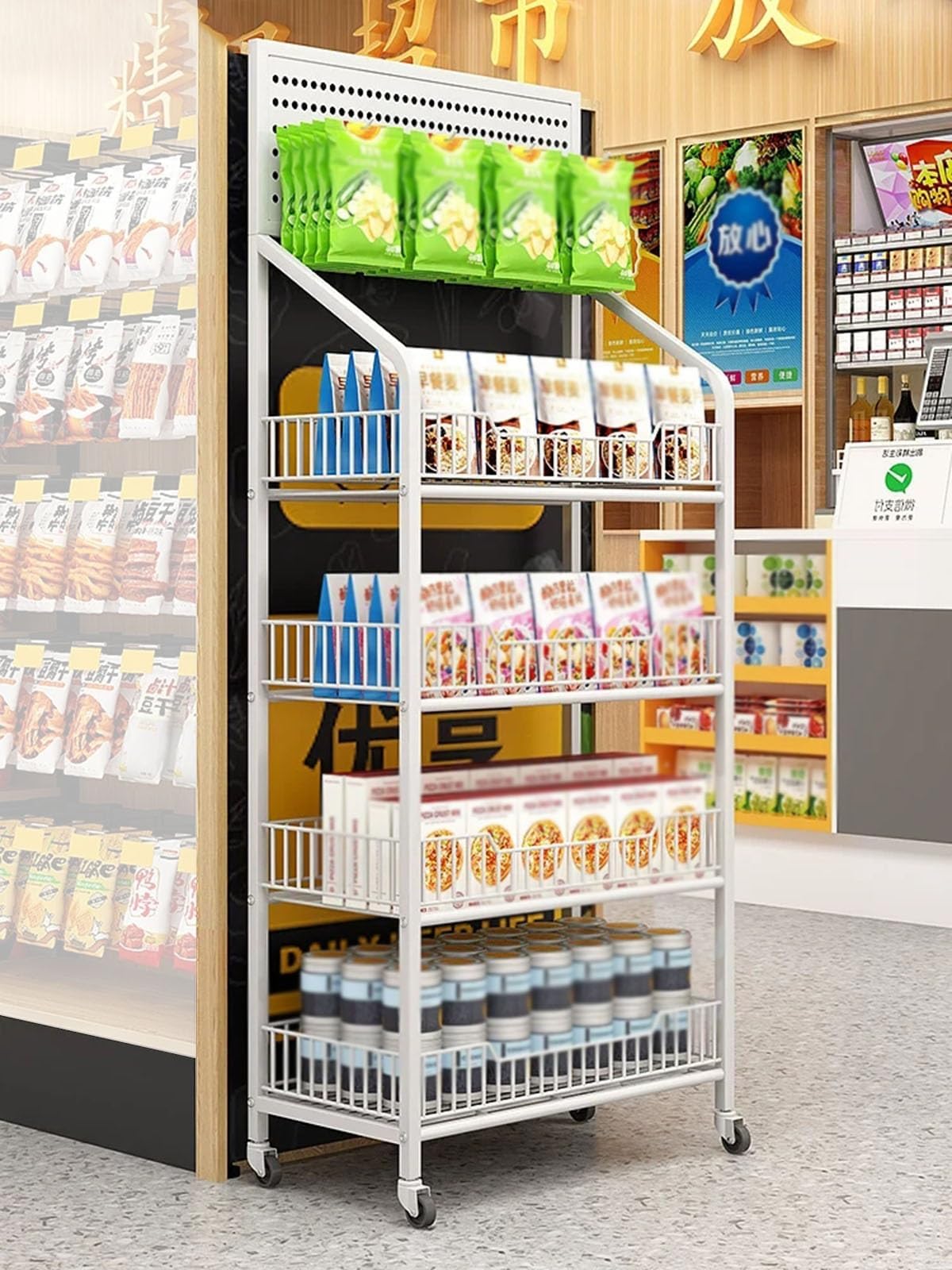 Heavy Duty 4Tier Snack nizer Cart with WheelsRolling Food Trailer for Supermarkets Retail Stores and Concession StandsWhite Mobile Candy & Snack Dispenser