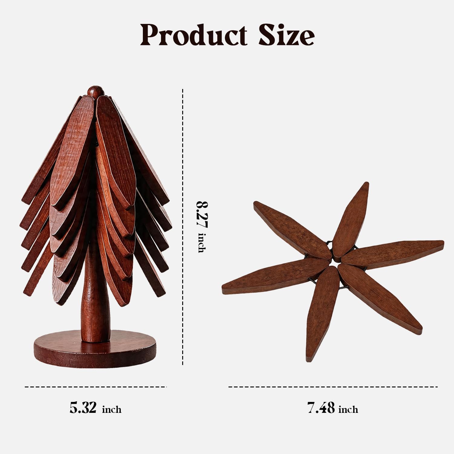 Tree Coasters, 5 Tree Shape Trivet Set, Wooden Trivets for Hot Dishes, Pot, Bowl, Teapot, Pans, Foldable Hearth Cooking Protector, Stackable Christmas Tree Design (5 Pcs)