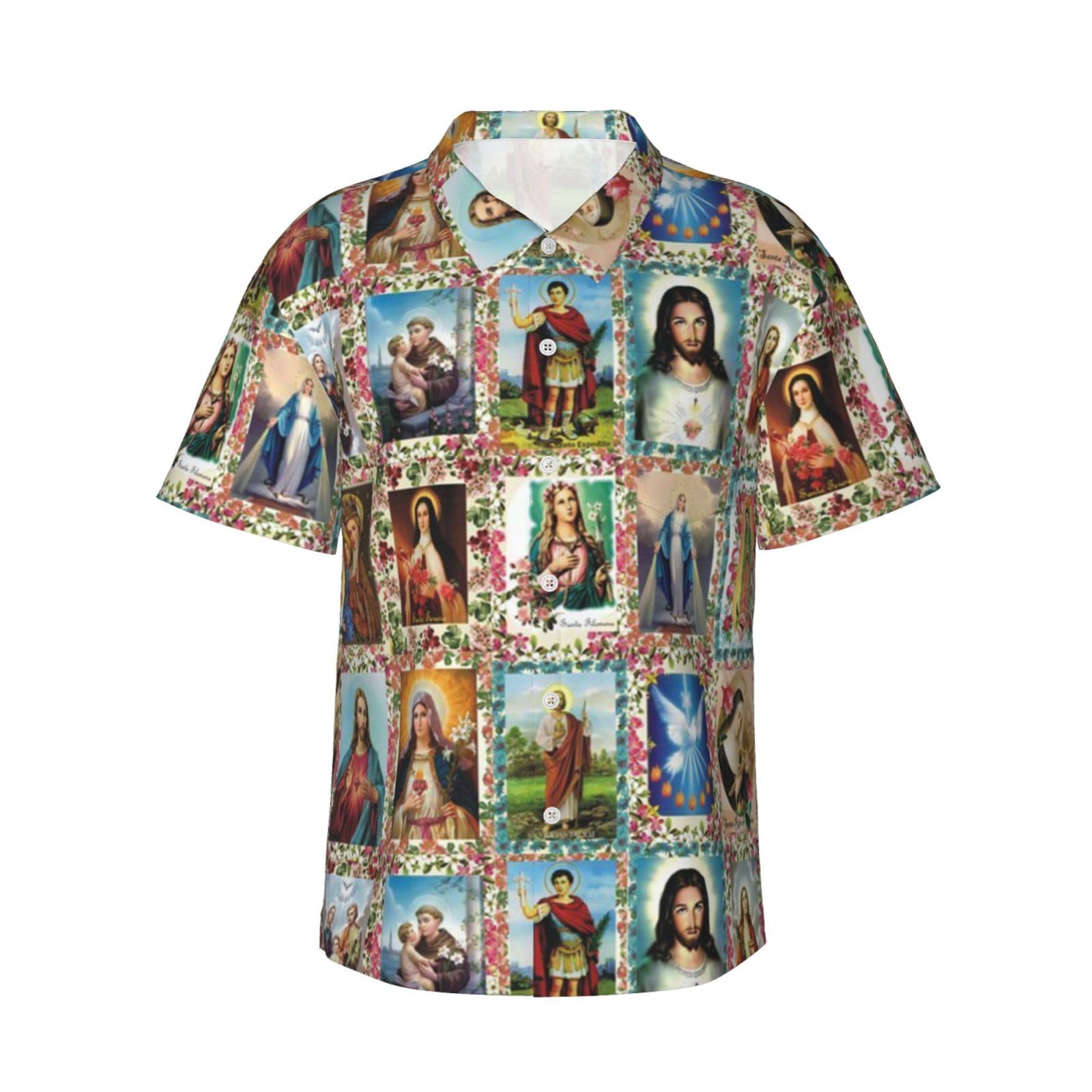 Sanfutian Men's Black Catholic Saints Images Collage Outh 3D Print Casual Button Down Shirts, Novelty Hawaiian Short Sleeves S