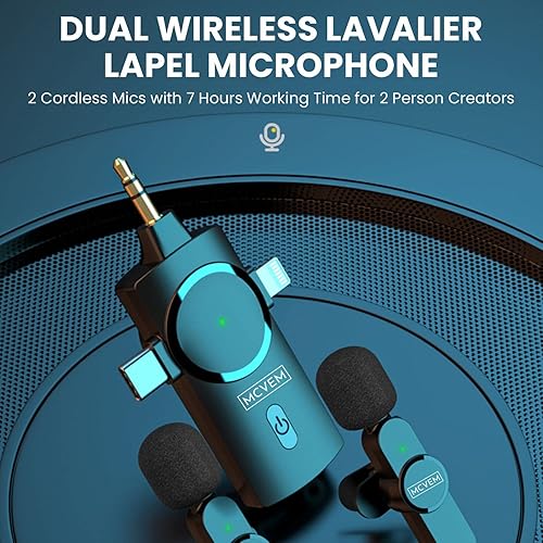 Miniatura 2 de MCVEM Micrófono de solapa Lavalier inalámbrico dual para iPhone, Android, cámara 2 micrófonos inalámbricos Plug and Play Chip de reducción de ruido
