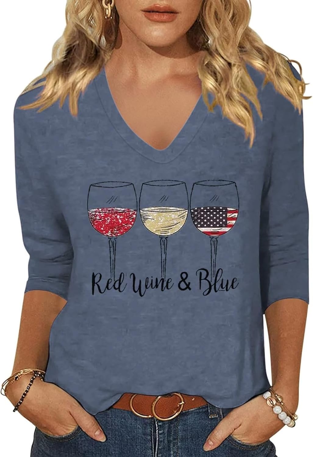 Womens American Flag V Neck Shirts 4th of July Star Stripes Graphic 3/4 Sleeve Patriotic Tee Casual Summer Top Blouse