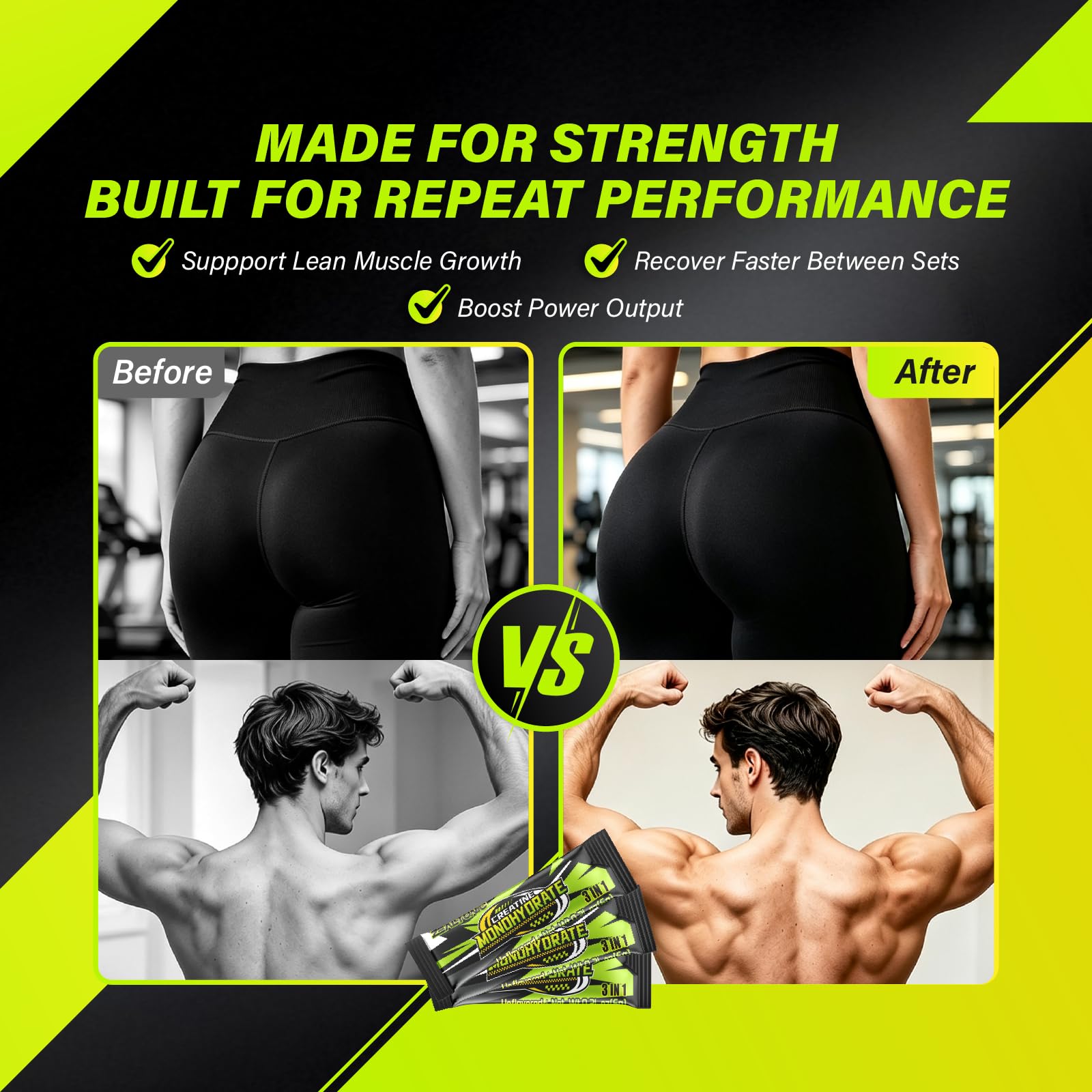 3-in1 5000mg Creatine Monohydrate Stick Packs with 800mg of Taurine, and 200mg of L-theanine Supports Strength, Lean Muscle, & Recovery for Men & Women Creatine Packets (30) — Amazon image 3