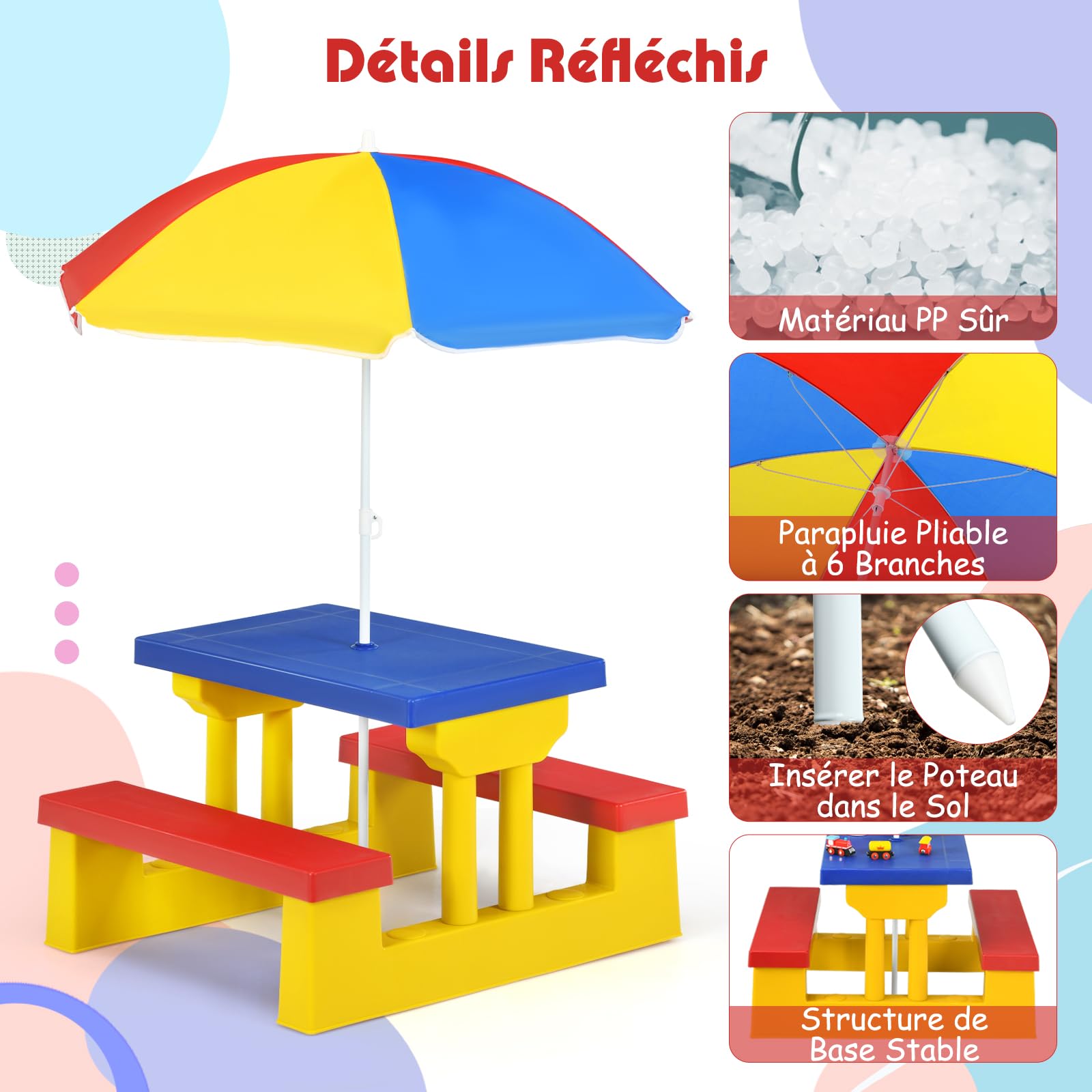DREAMADE Table de Pique-Nique Enfant avec Parasol Amovible,Table Exterieur Enfants avec Banc,Matériau PP,pour Jardin,Terrasse,Patio,Balcon,67X41X47CM (Rouge + Jaune + Bleu)