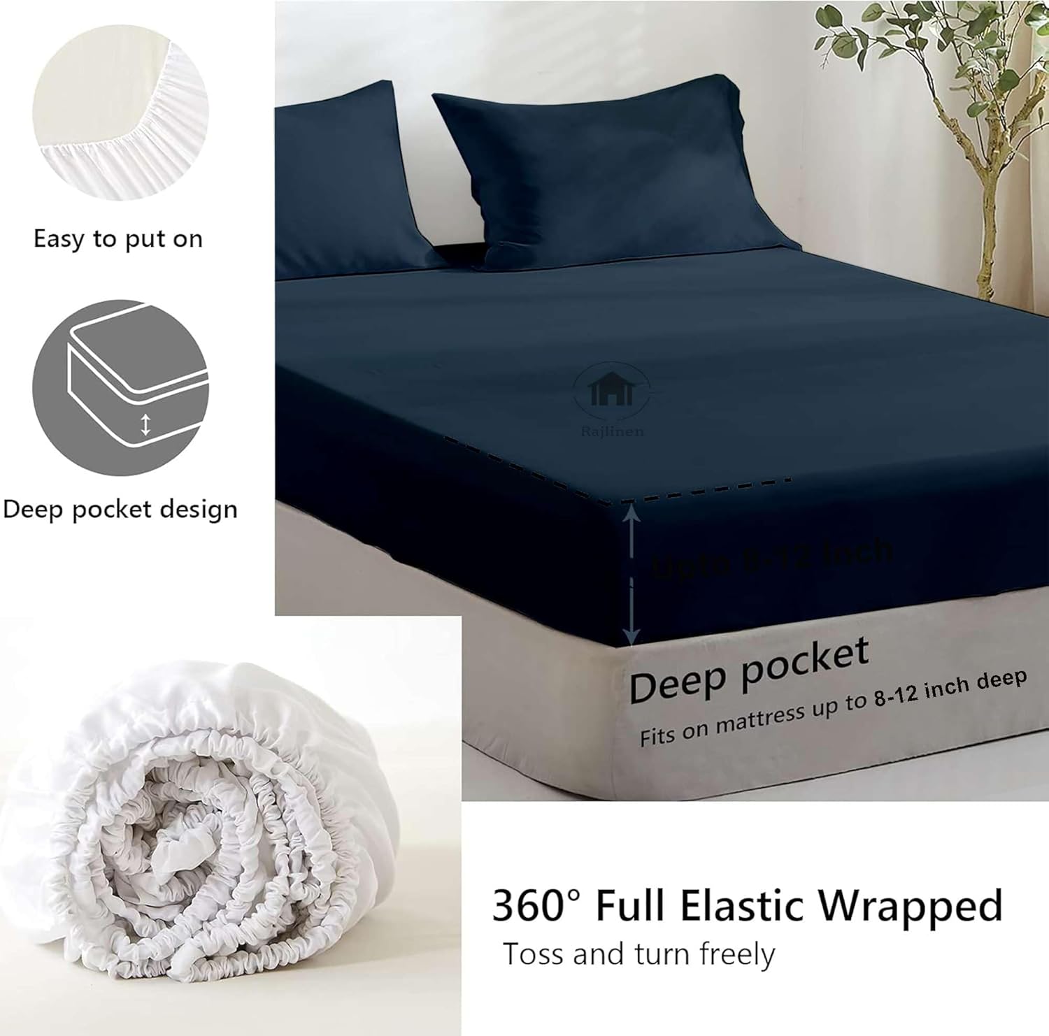 Rajlinen Microfiber RV Sheet Set, 4-Piece Camper Bedding, Three Quarter (48x80) Sheets, Ultra-Soft Wrinkle-Free Sheets, Fits Mattresses Up to 12-Inch Deep Pockets, Navy Blue