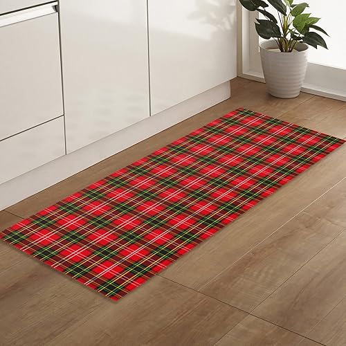 Alfombra de camino de cocina diseño de tartán rojo y verde decoración de casa de campo antideslizante tapete para puerta de dormitorio mesita de