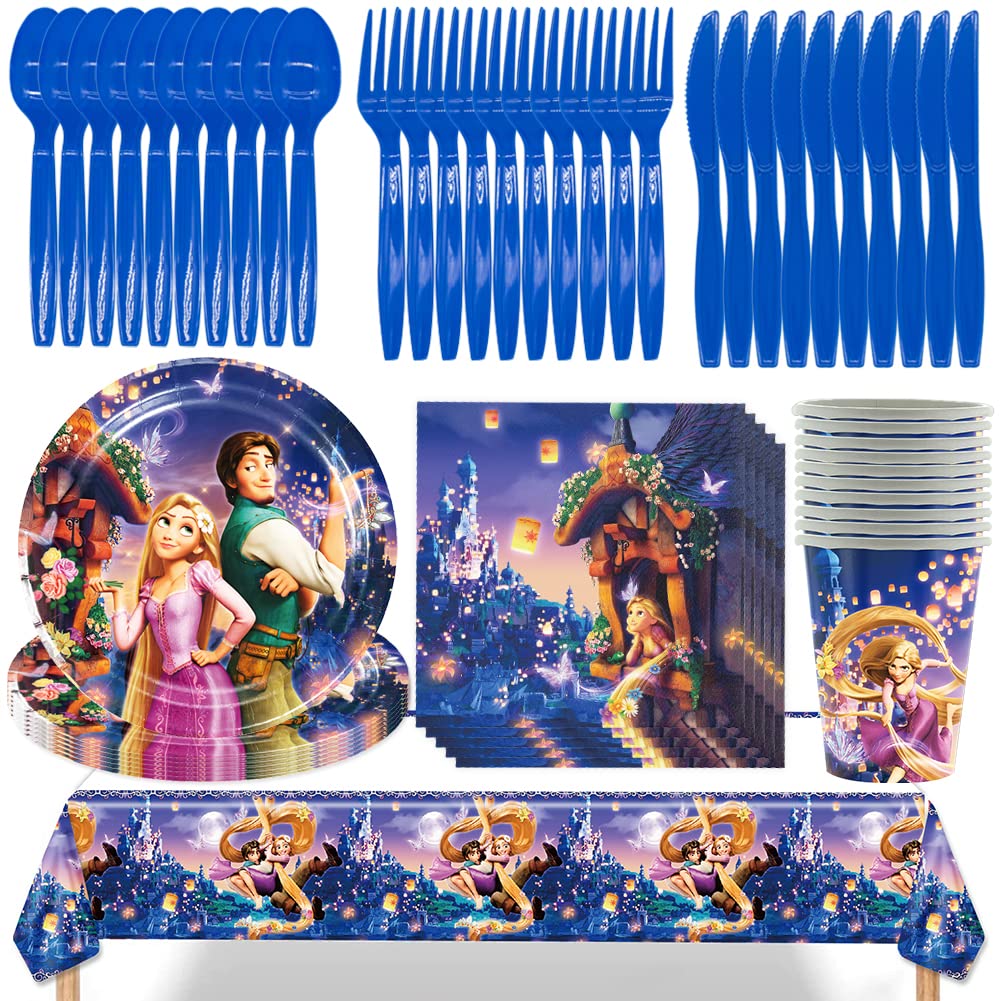 71Pcs Cartoon Theme Party Tableware, Tangled Birthday Tableware, Includes Plates Napkins Cups Tablecloth Knives Forks Spoons, Party Tableware Set, Serves 10 Guests