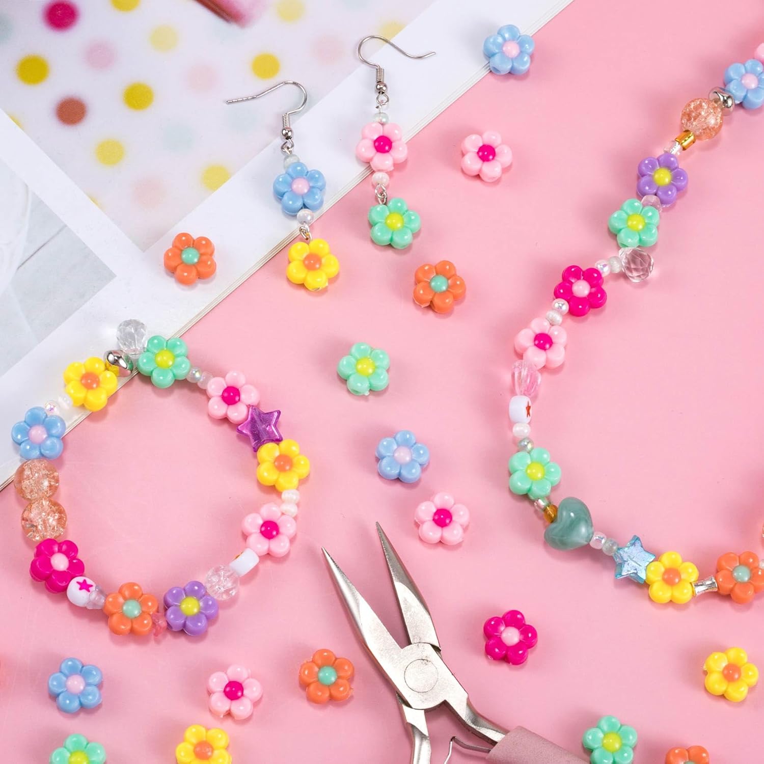 100pcs Five Petal Flower Beads, Multicolor Acrylic Flowers Bead for Jewelry Making, Floral Spacer Beads with Hole, Cute Flower Charm for Necklace, Bracelet, DIY - Style 2 - Image 7