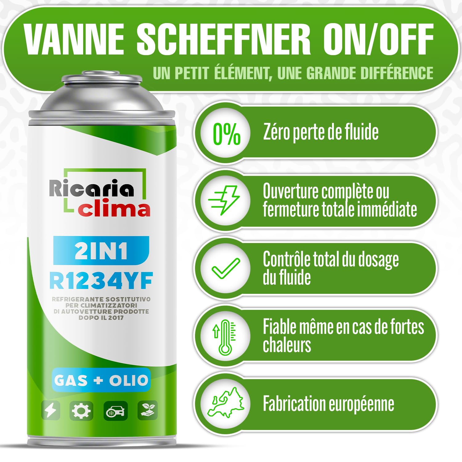 Fluide Réfrigérant R1234yf Kit Recharge Climatisation – Gaz pour Climatisation Véhicules Depuis 2016 – 5X 235 g Bouteilles avec Tuyau de Recharge et Adaptateur AZ