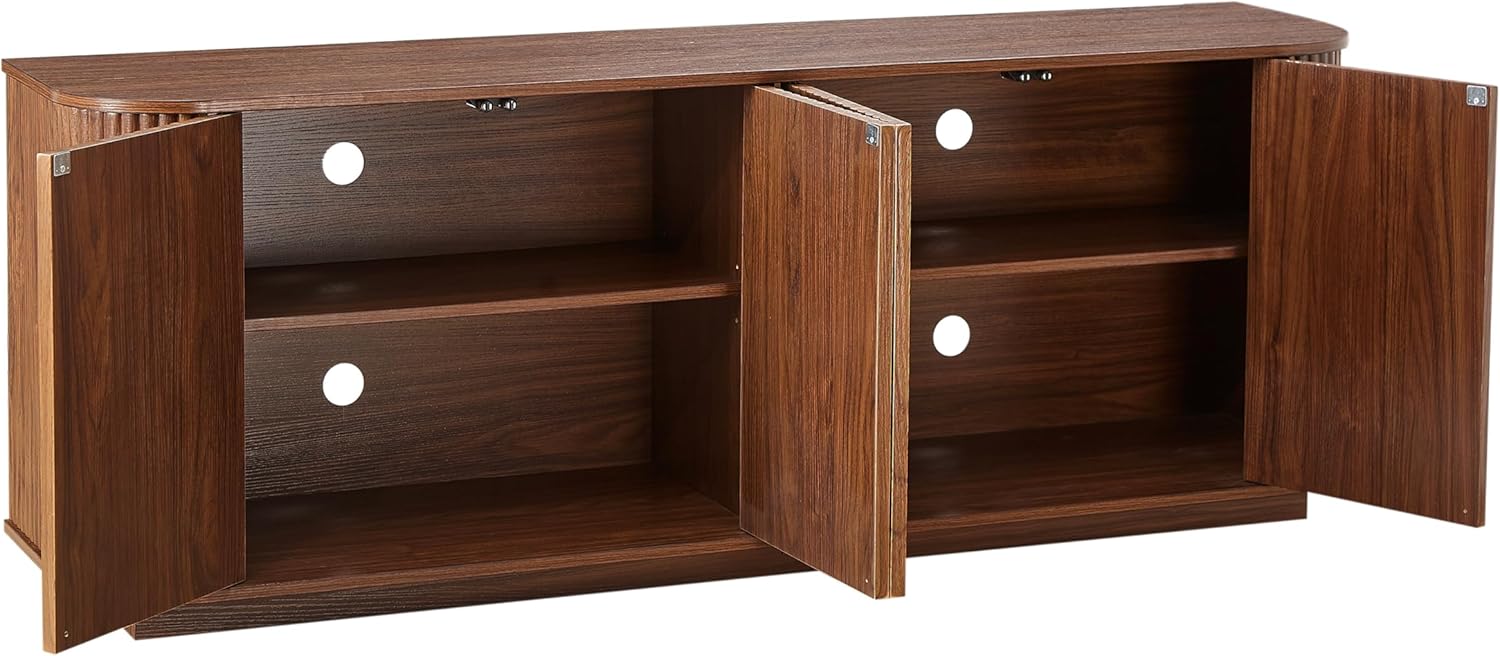 64" Sideboard Cabinet with Wave Pattern & Adjustable Shelves, Walnut TV Stand Storage Console with Press-Open Doors for Living Room, Entrywa
