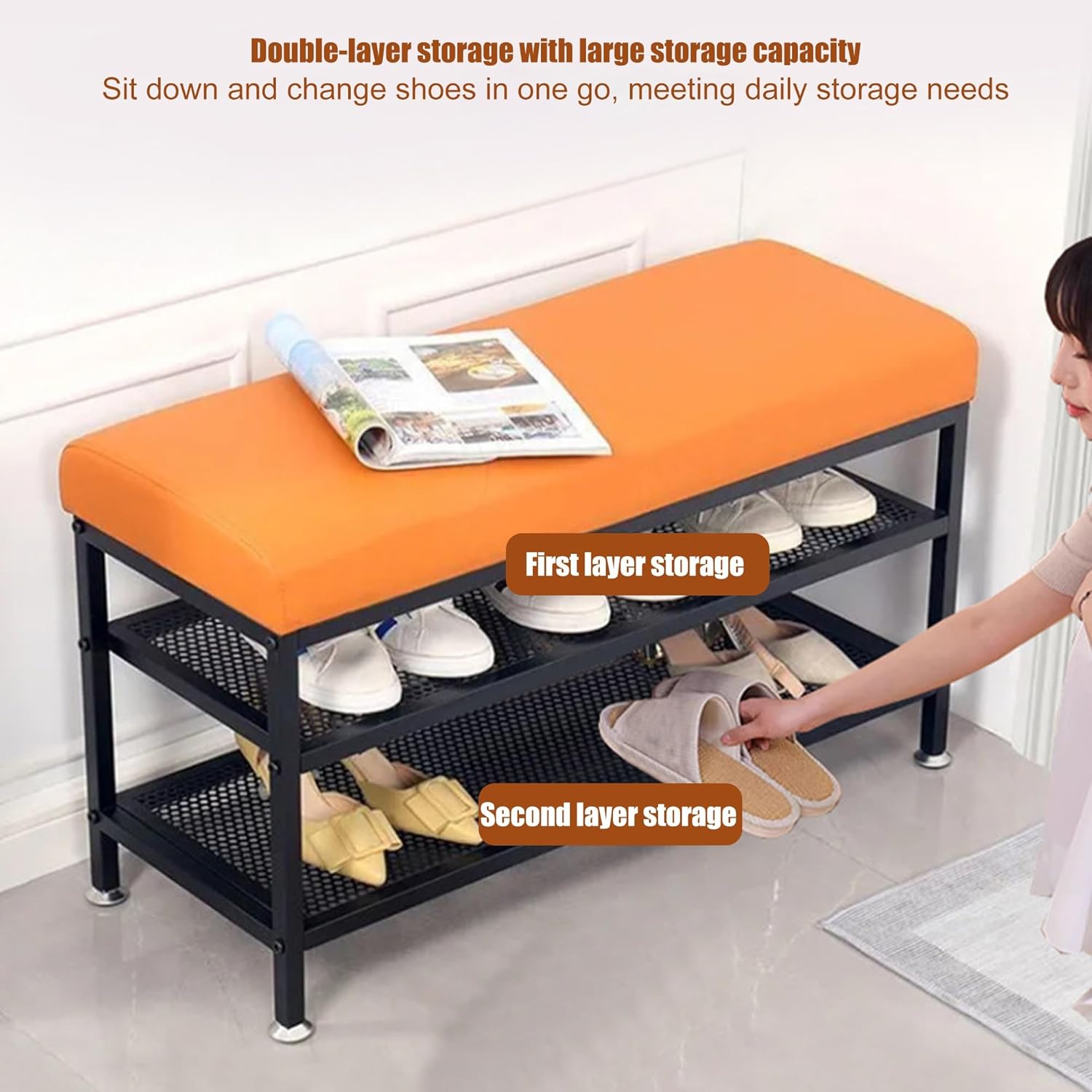 Shoe Bench with Leather Cushion, Entryway Bench, 2 Tier Shoe Storage Bench for Entryway, Hallway, Living Room, Space Saving(Orange,80cm)