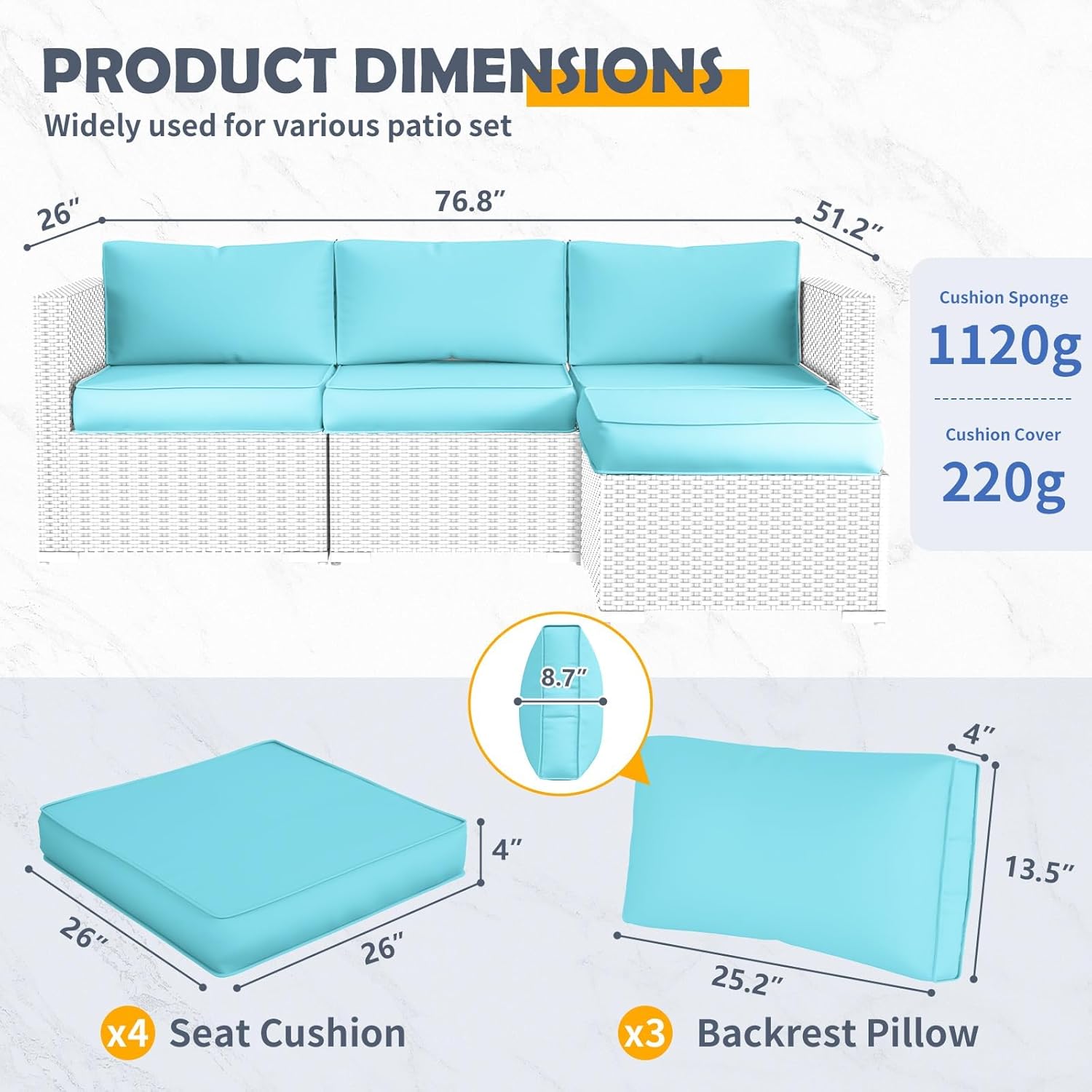 Amopatio Outdoor Replacement Cushions for Patio Furniture Set, 4" Thick High-Density Foam Seat & Back Cushions, Water-Resistant Non-Slip Machine-Washable Patio Covers (Teal)
