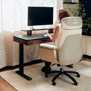 EUREKA ERGONOMIC Adjustable Desk Leather Electric, 55 Inch Height Executive Standing Desk with Drawers, Sit Stand Workstation for Home Office,Monitor Shelf,Wireless Charging Black & Brown