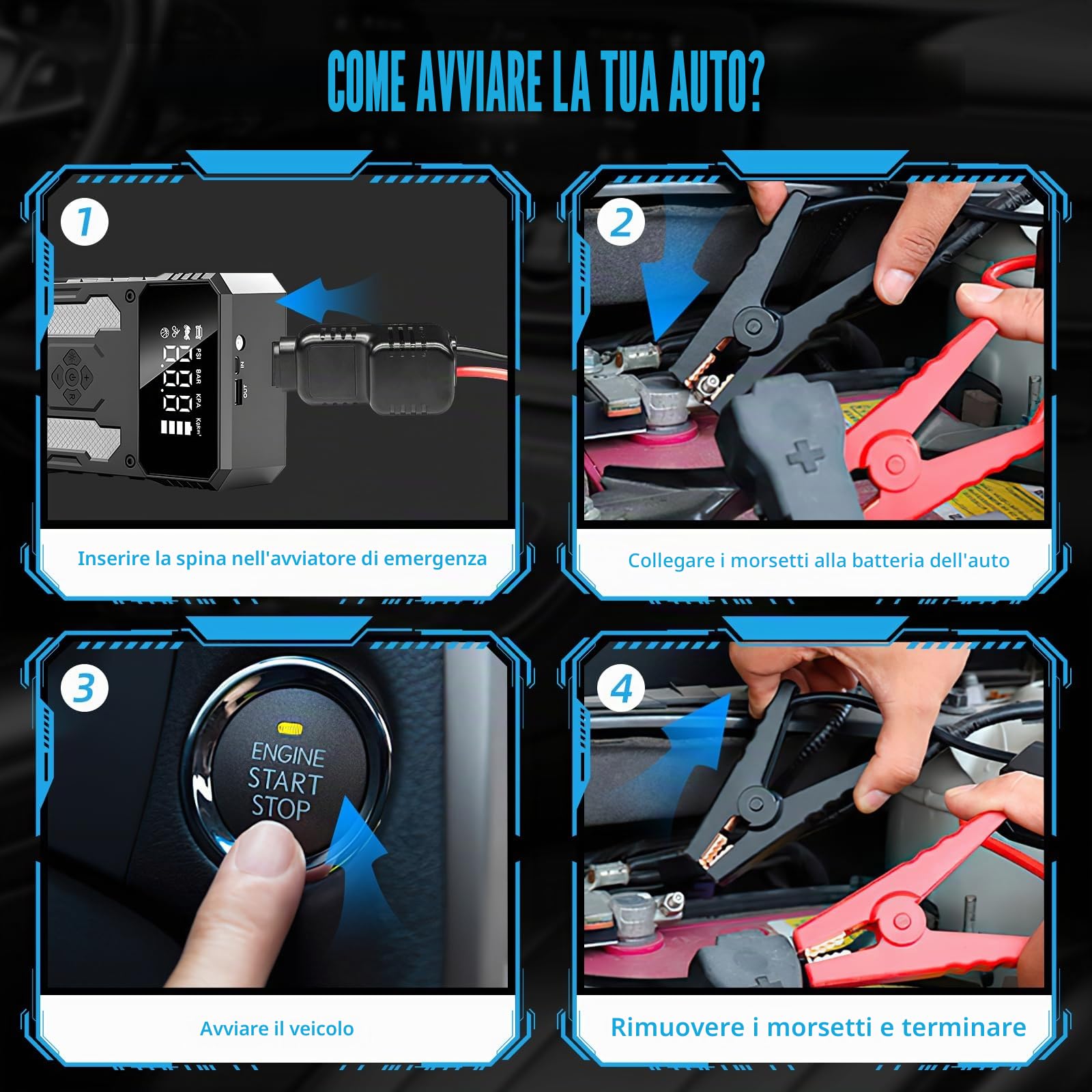 Avviatore di emergenza portatile per auto, con compressore d'aria da 6000 A, caricabatterie, avviatore di emergenza, con torcia LED e display a LED (giallo)