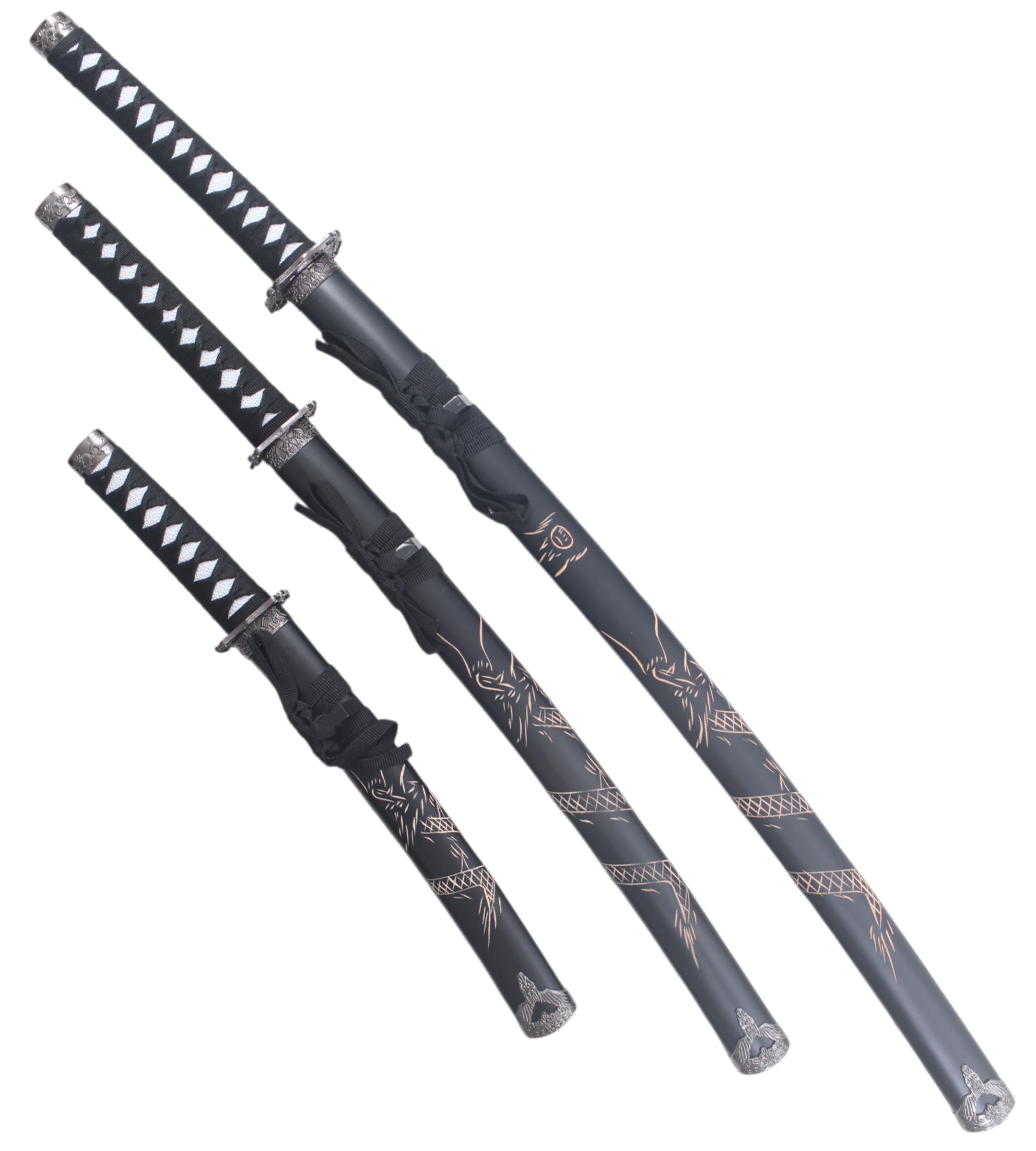 Set 3 Katanas en Bois Lame en Bois Katana Wakizashi Tanto Epee Sabre Katana Japonais Katana Dragon Black Edition Cosplay + Presentoir