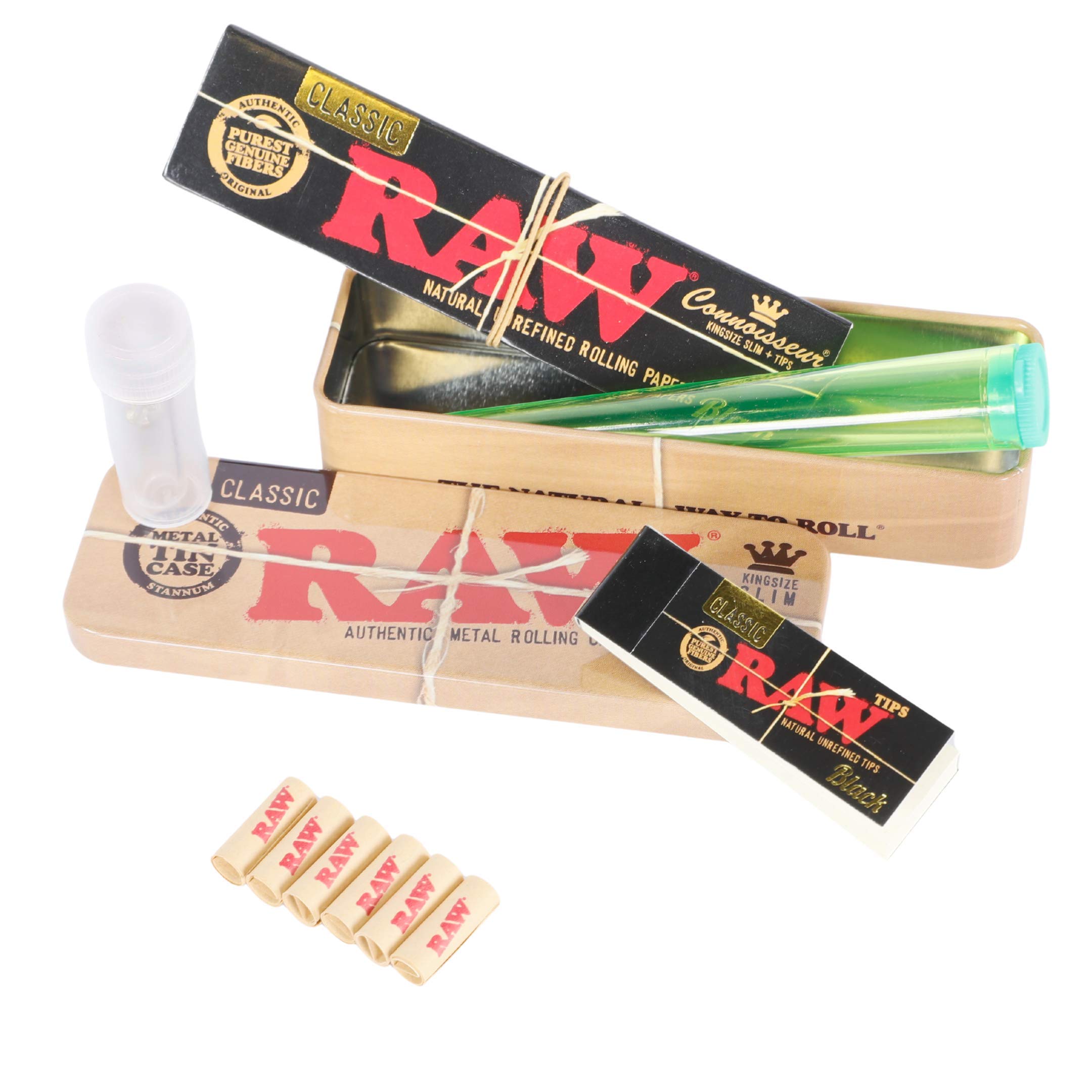 BIGSMOKESUPPLIES - RAW Mini Tin Set Black & Original Pocket-Sized Rolling Tray (Skins, Papers, Roach, Tips, J-Tube) (Black)