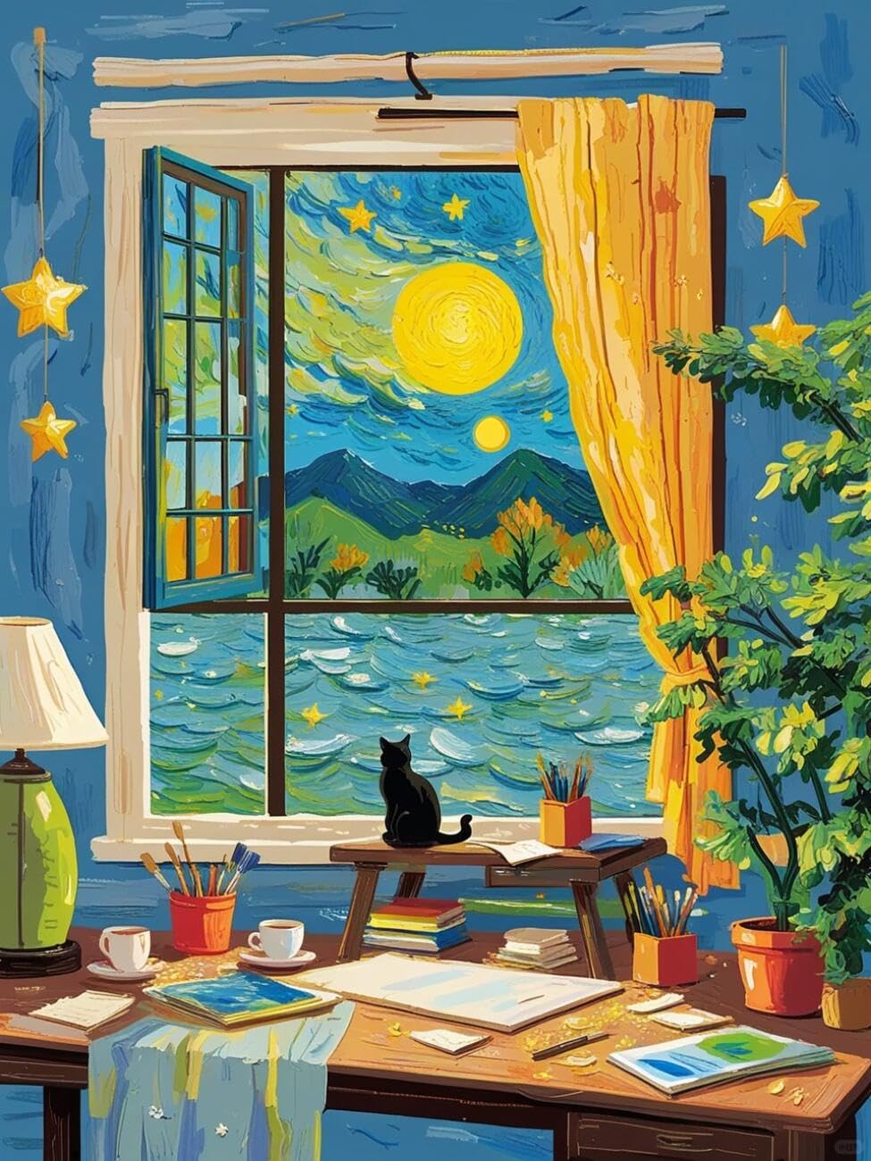 Henypt Cross Stitch Kit Cat by the Window Animal DIY Arts Aand Craft Kit for Beginners The Elderly with Accessories Handmade DIY/Gifts 14CT 50x70cm