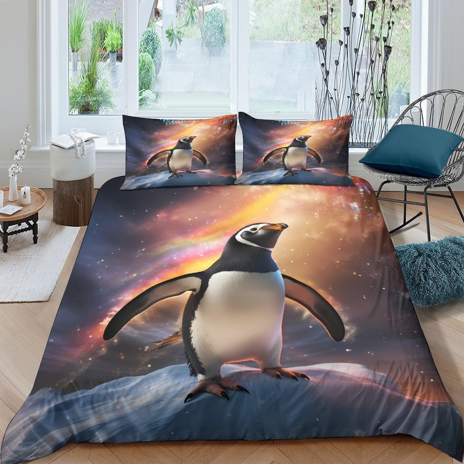Ctjqhvkz Style-5 3D Printed Sunset Penguin Fitted Sheet Microfiber Soft Non-Slip Arctic Aurora Mattress Cover Bedroom Decor Single（135X200cm）
