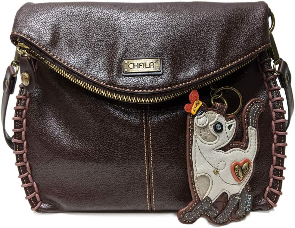 CHALA Charming Crossbody Bag Shoulder Handbag With Flap Top and Zipper Dark Brown (Leather White Cat)
