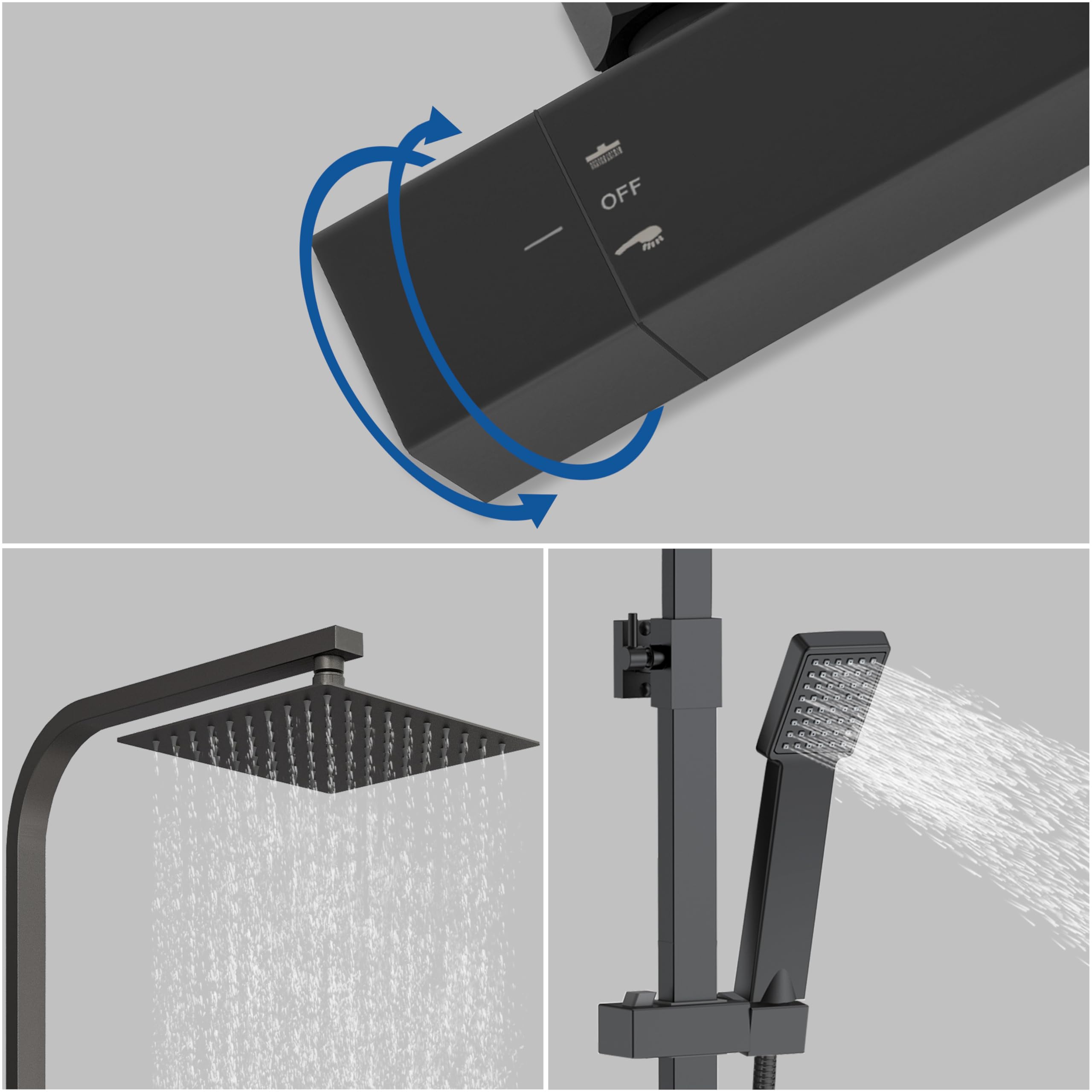 AICA Colonna Doccia con Miscelatore, Saliscendi Doccia Altezza Regolabile 80cm-120cm, Colonna Doccia con Soffione e Doccetta Quadrata 22x6.4cm, Miscelatore Termostatico Doccia in Acciaio Inox Nero