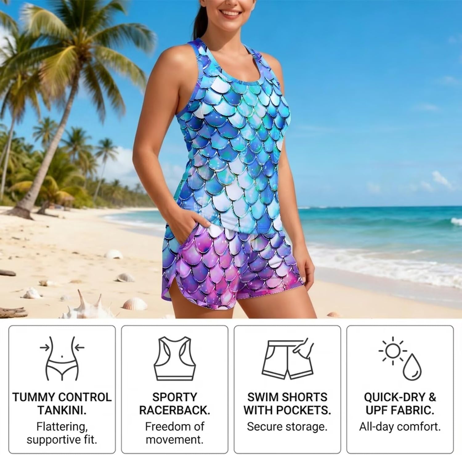 FUSURIRE Women's 2-Piece Tankini Swimsuit Set,Racerback Tank Top with High-Waisted Board Shorts Modest Bathing Suit